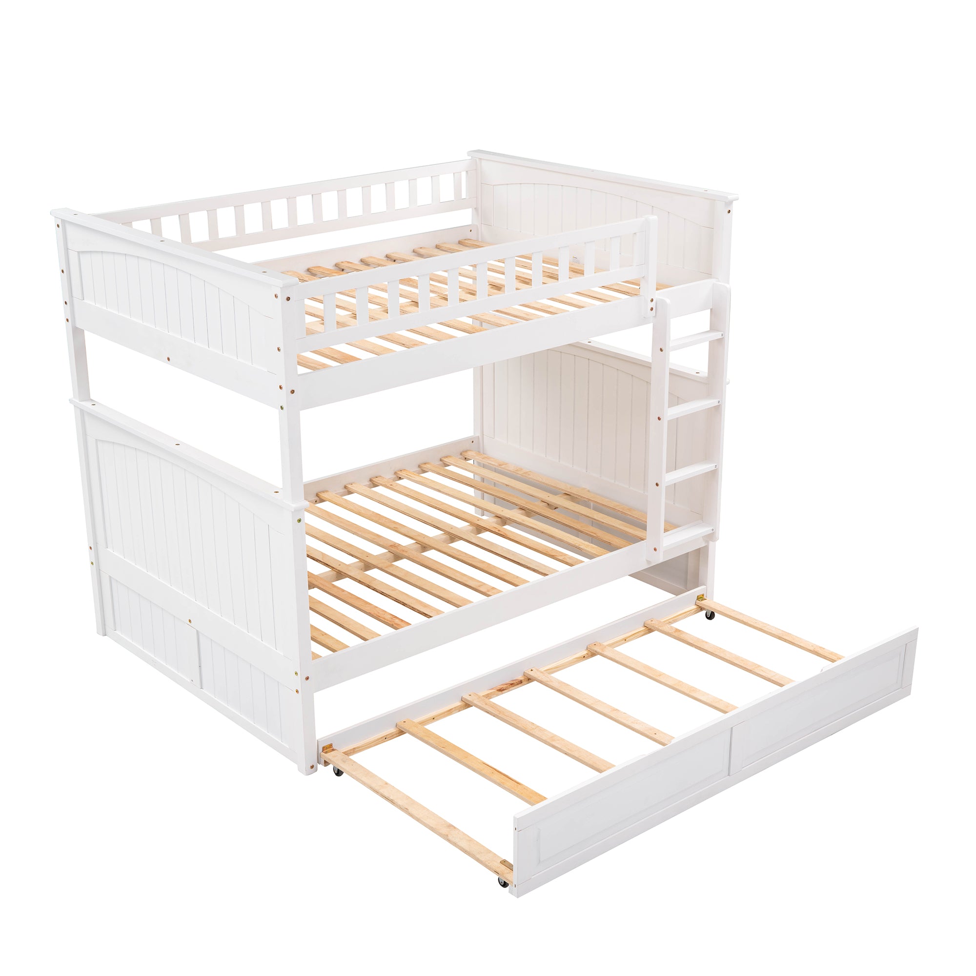 Full Over Full Bunk Bed with Twin Size Trundle, Pine Wood Bunk Bed with Guardrails, White