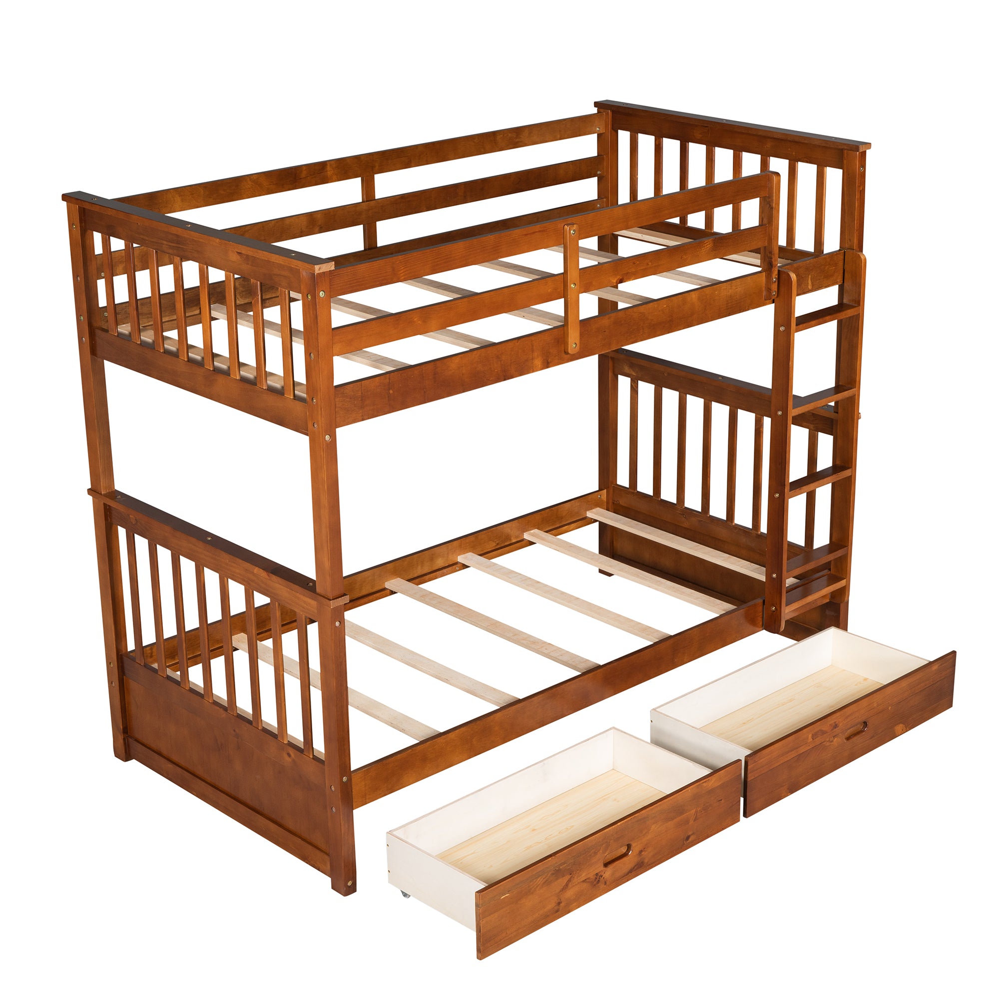 Twin-Over-Twin Bunk Bed with Ladders and Two Storage Drawers (Walnut)