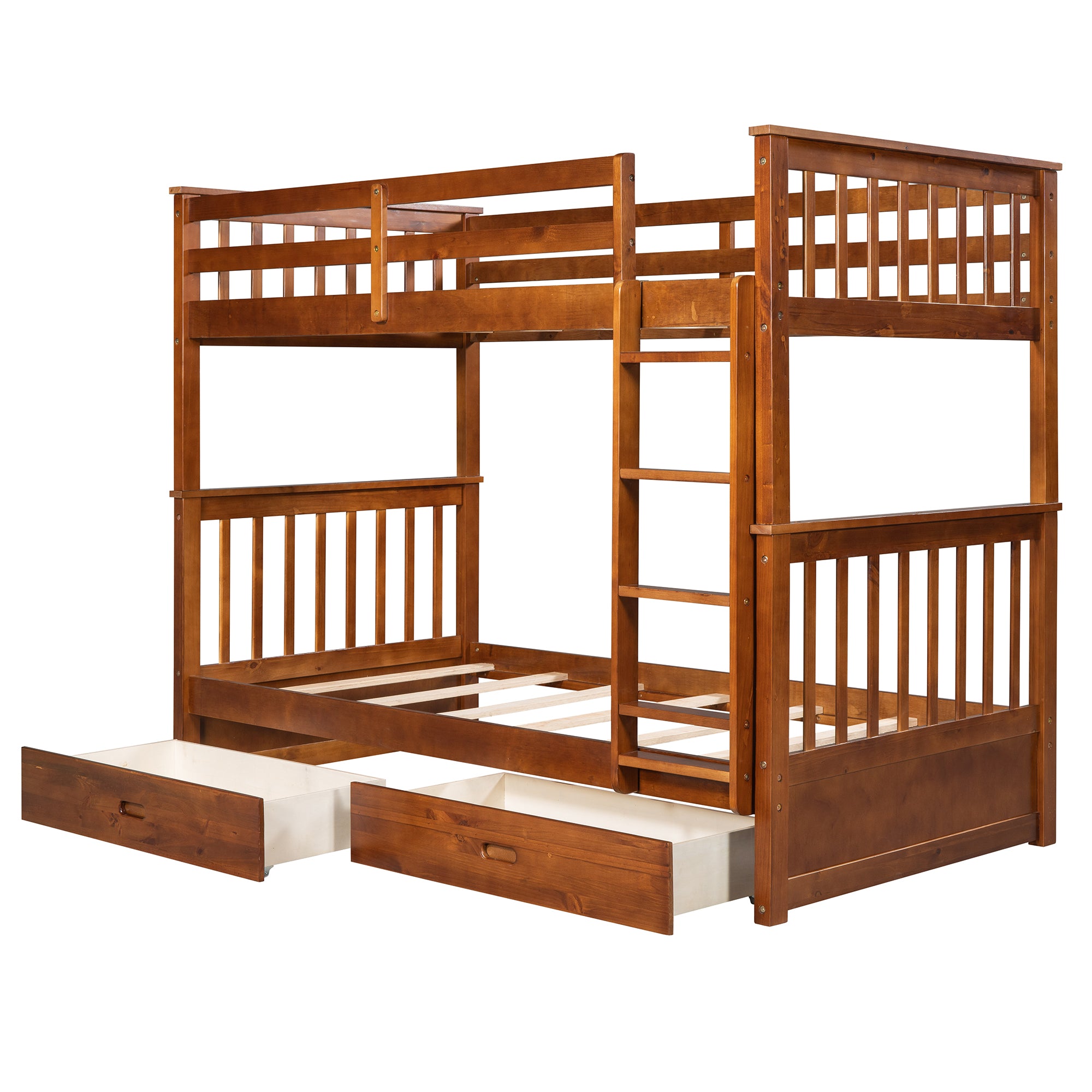 Twin-Over-Twin Bunk Bed with Ladders and Two Storage Drawers (Walnut)