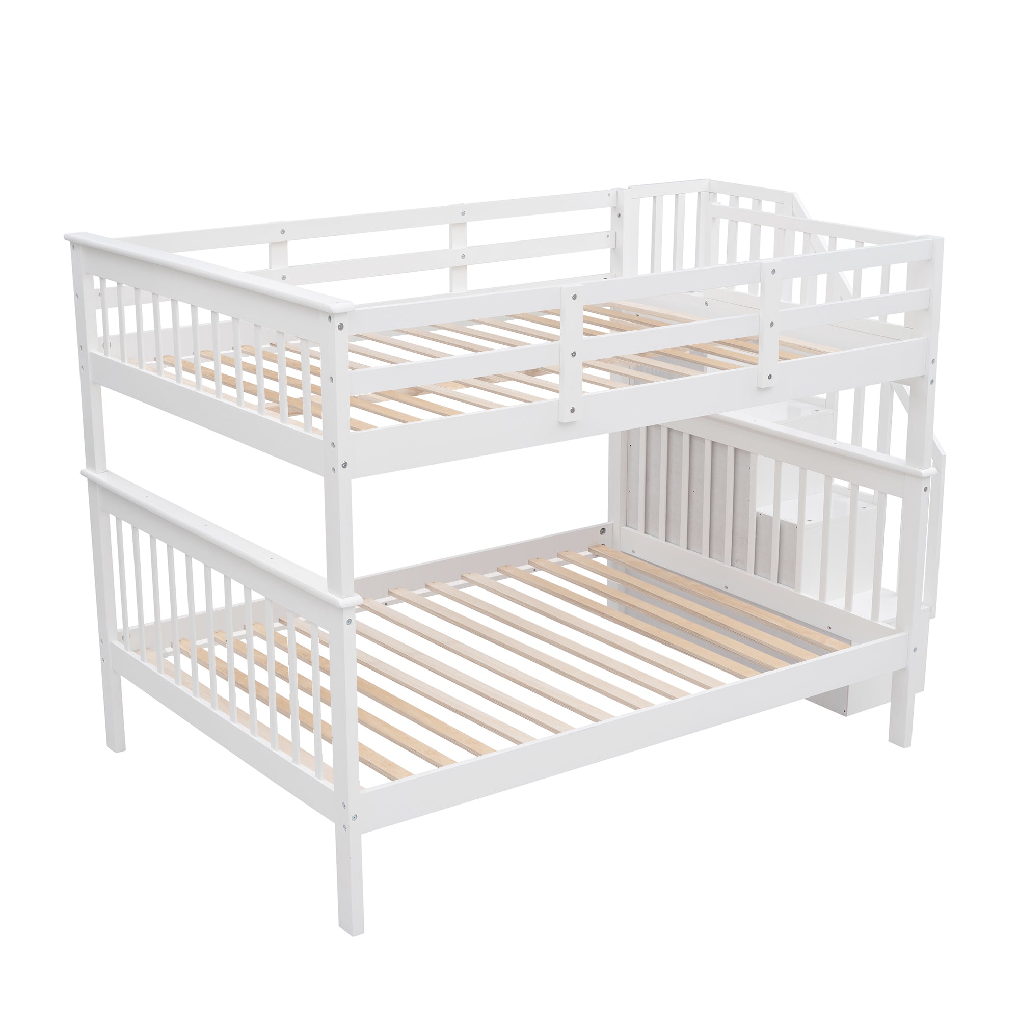 Stairway Full-Over-Full Bunk Bed with Storage and Guard Rail for Bedroom, Dorm, White color