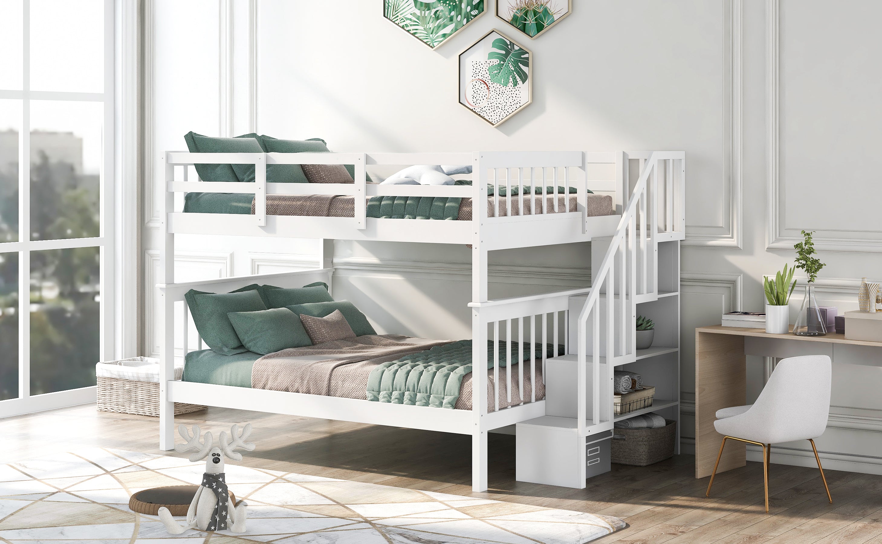 Stairway Full-Over-Full Bunk Bed with Storage and Guard Rail for Bedroom, Dorm, White color