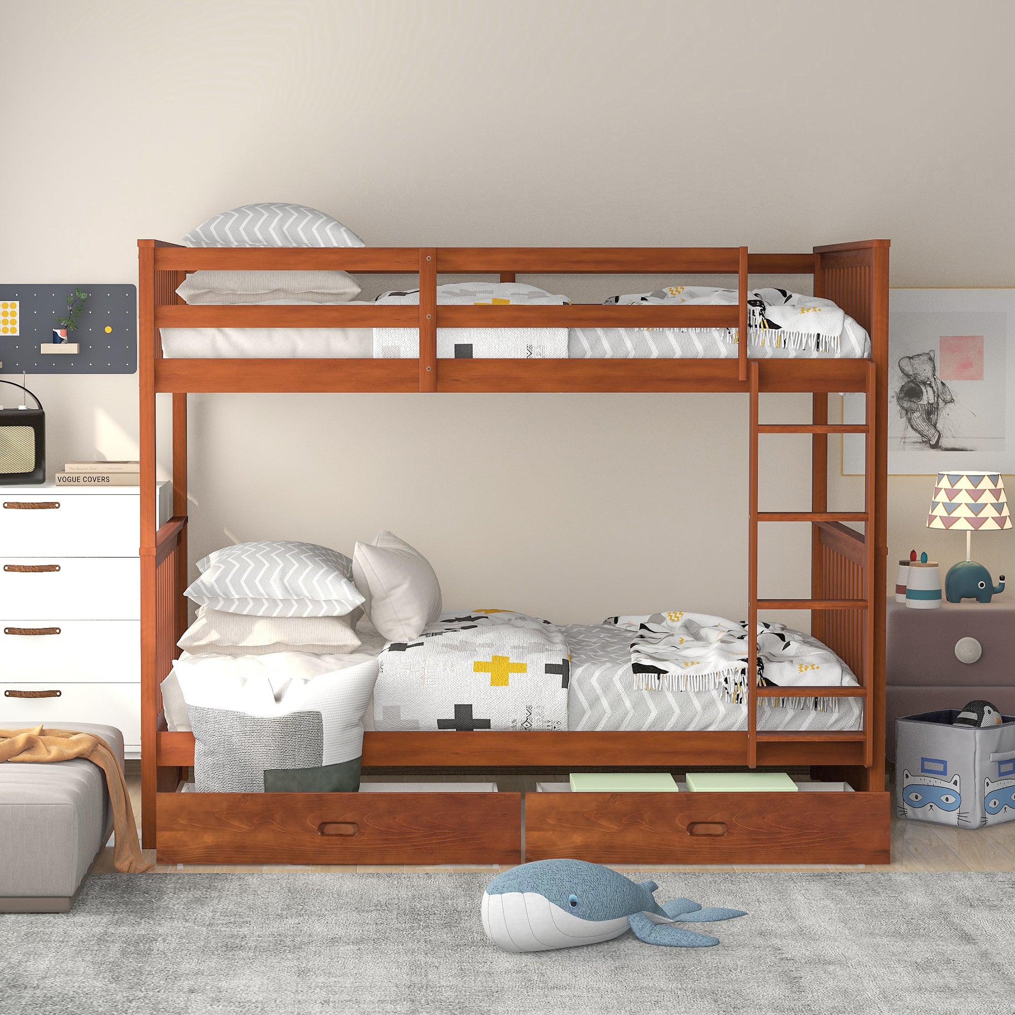 Twin-Over-Twin Bunk Bed with Ladders and Two Storage Drawers (Walnut)