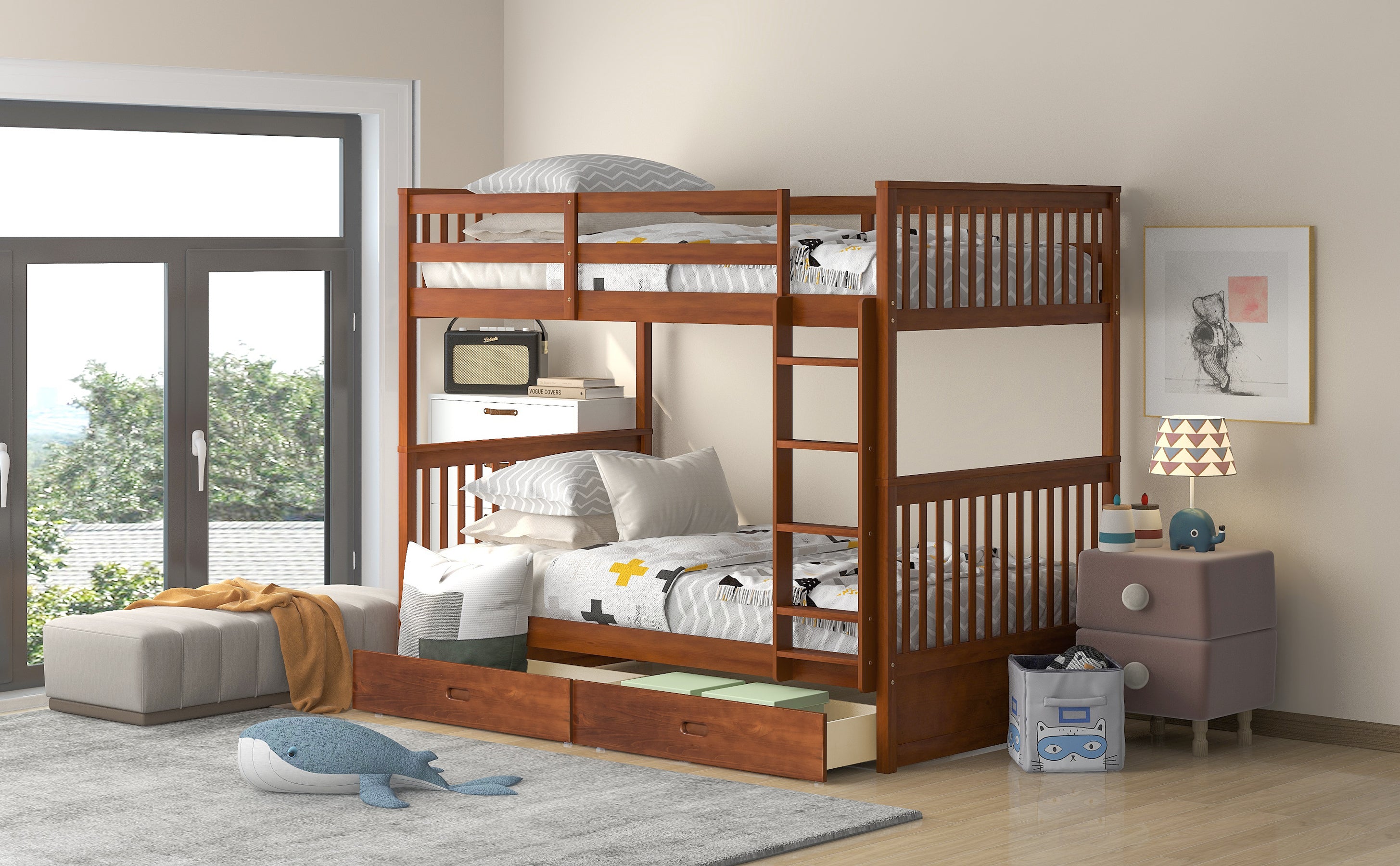 Twin-Over-Twin Bunk Bed with Ladders and Two Storage Drawers (Walnut)