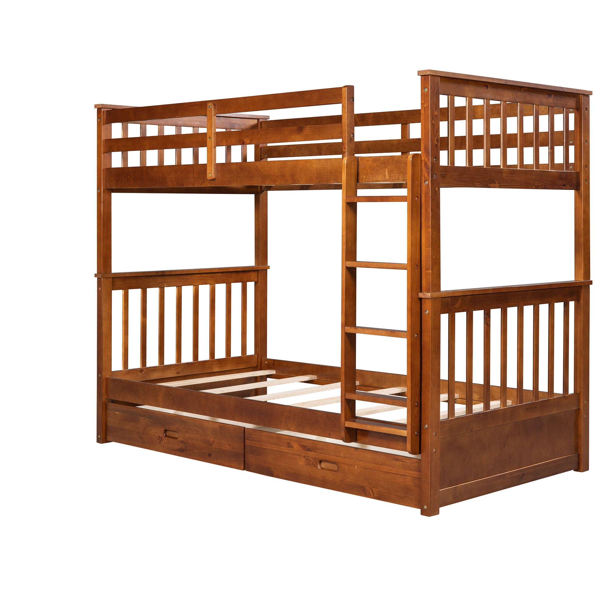 Twin-Over-Twin Bunk Bed with Ladders and Two Storage Drawers (Walnut)