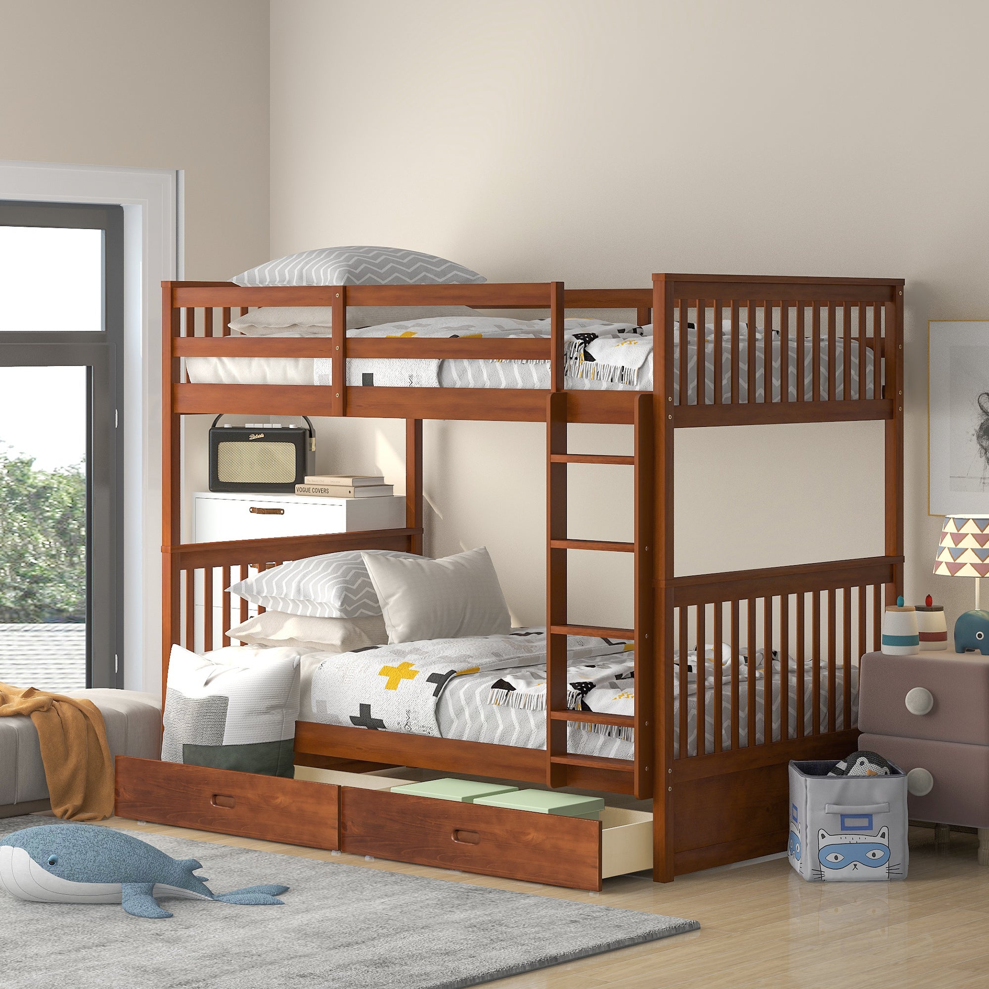 Twin-Over-Twin Bunk Bed with Ladders and Two Storage Drawers (Walnut)