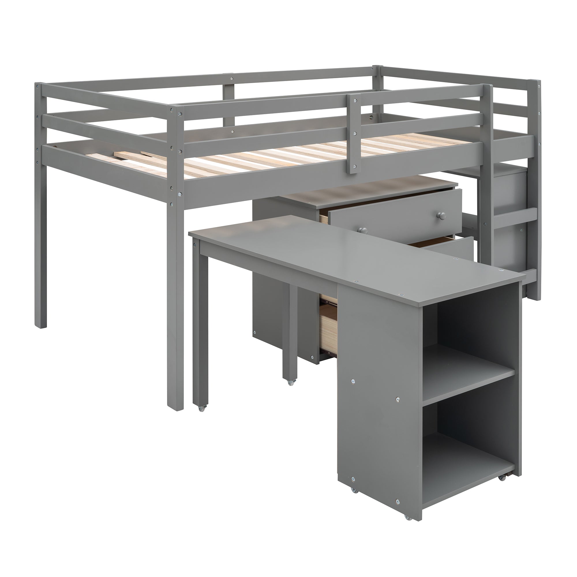 Low Study Twin Loft Bed with Cabinet and Rolling Portable Desk - Gray