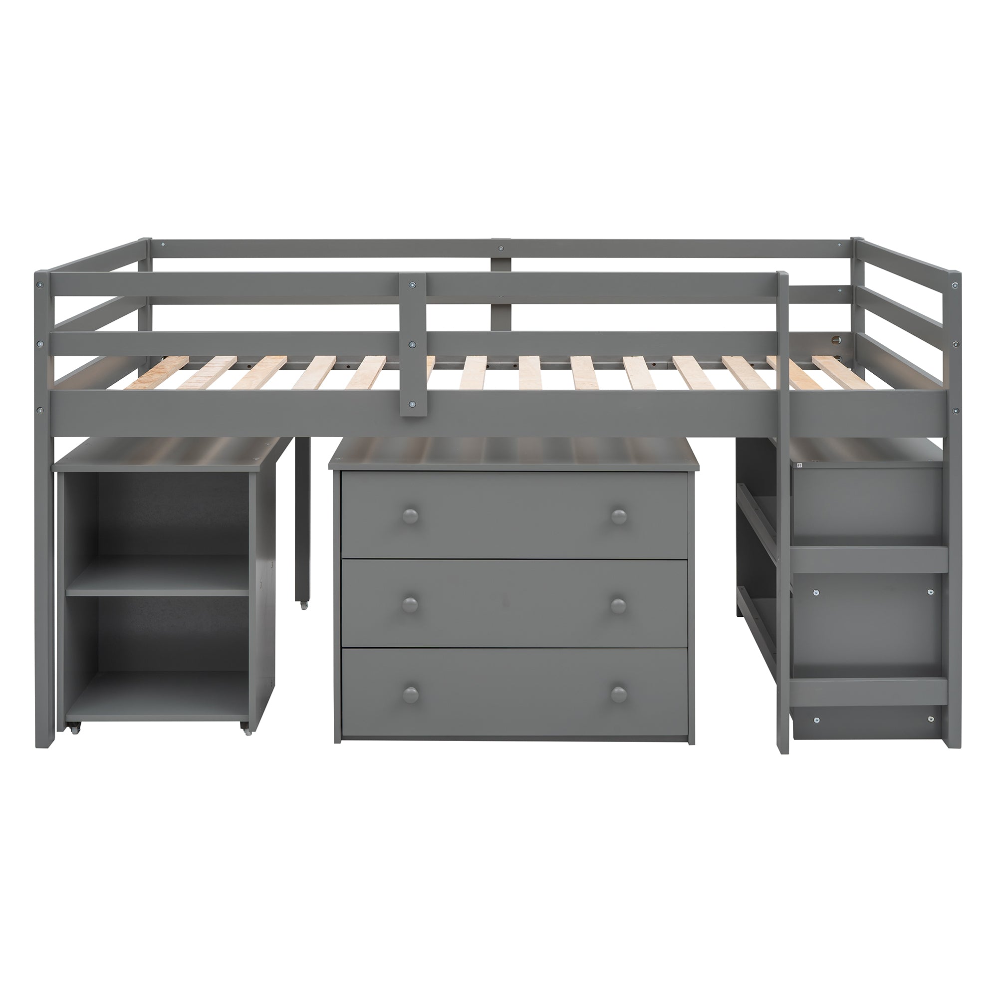 Low Study Twin Loft Bed with Cabinet and Rolling Portable Desk - Gray