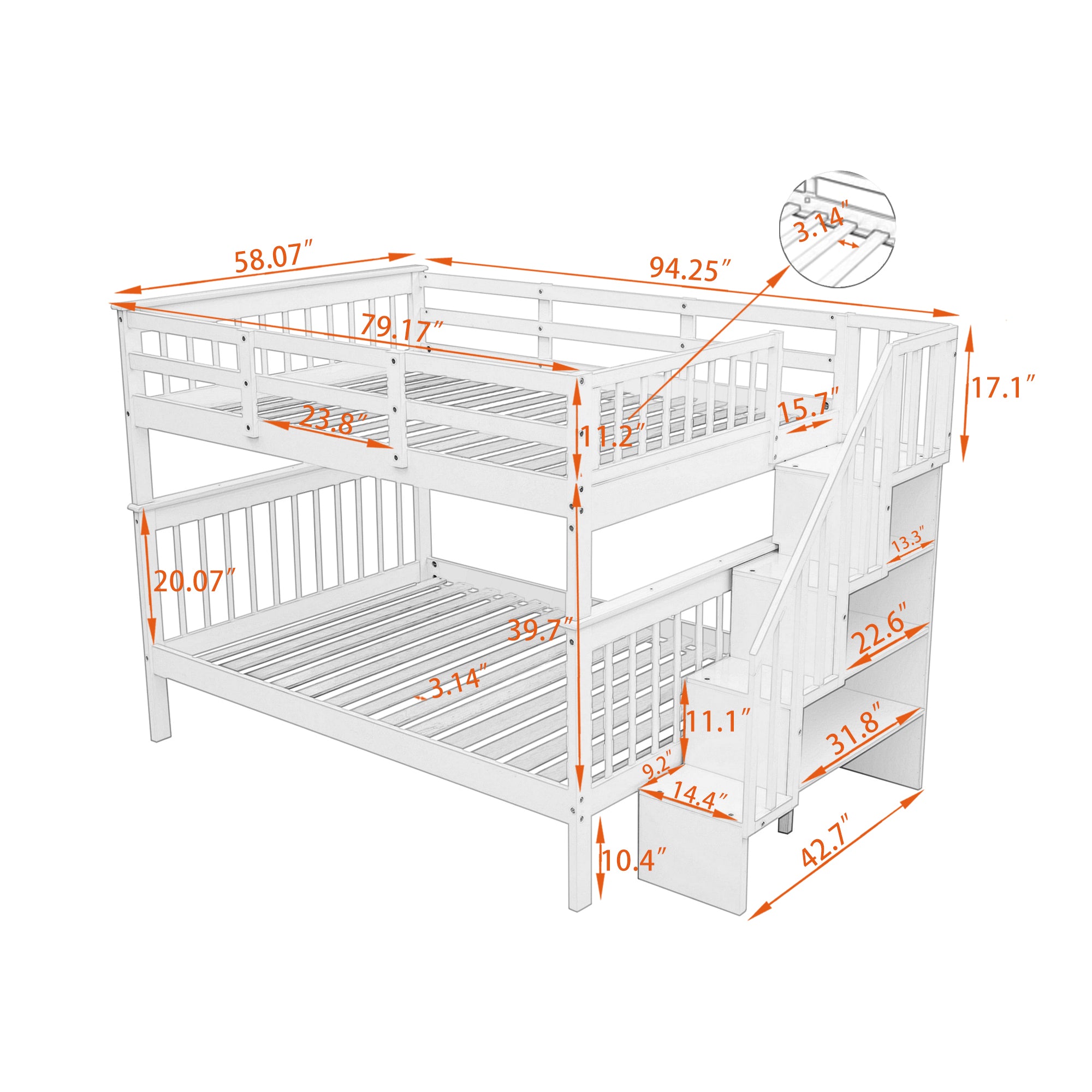 Stairway Full-Over-Full Bunk Bed with Storage and Guard Rail for Bedroom, Dorm, White color