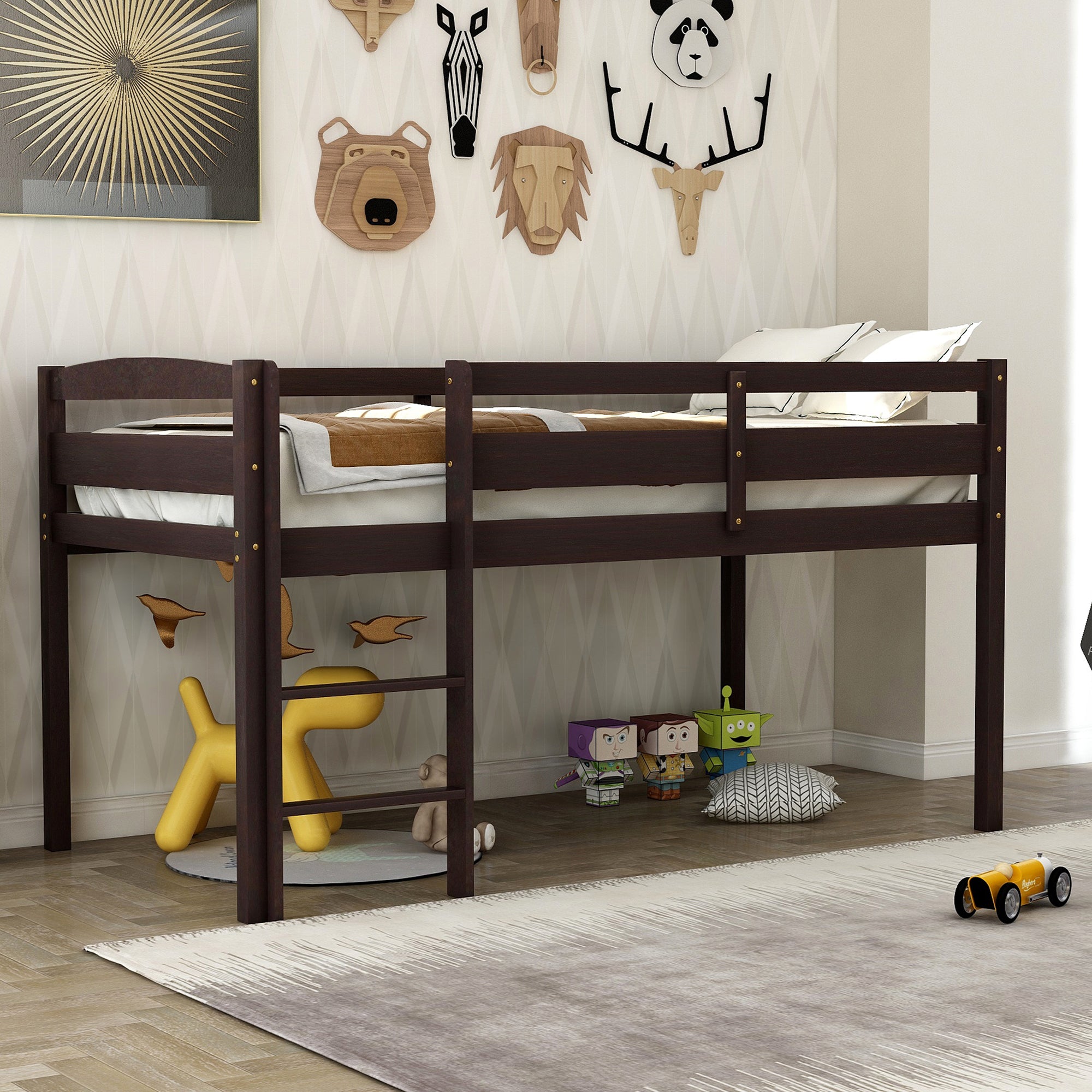 Twin Wood Loft Bed Low Loft Beds with Ladder,Twin,Espresso