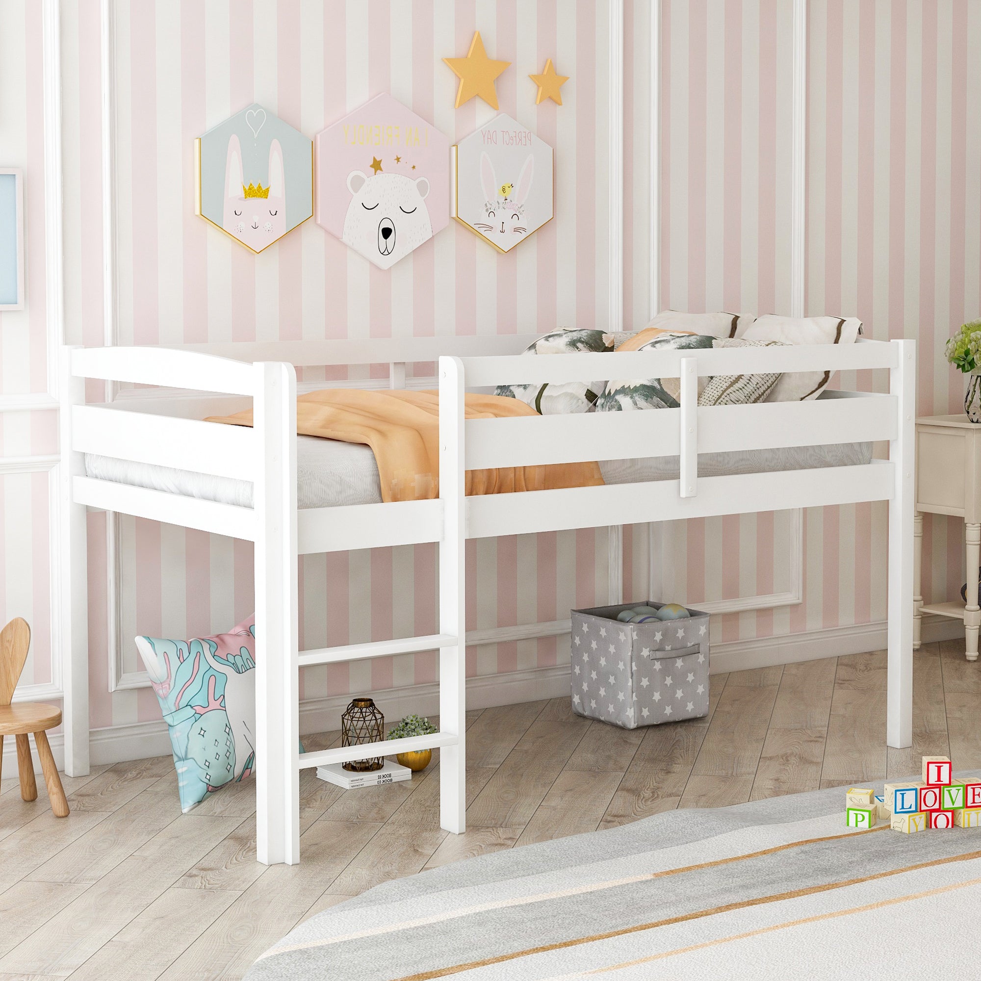 Twin Wood Loft Bed Low Loft Beds with Ladder,Twin,White