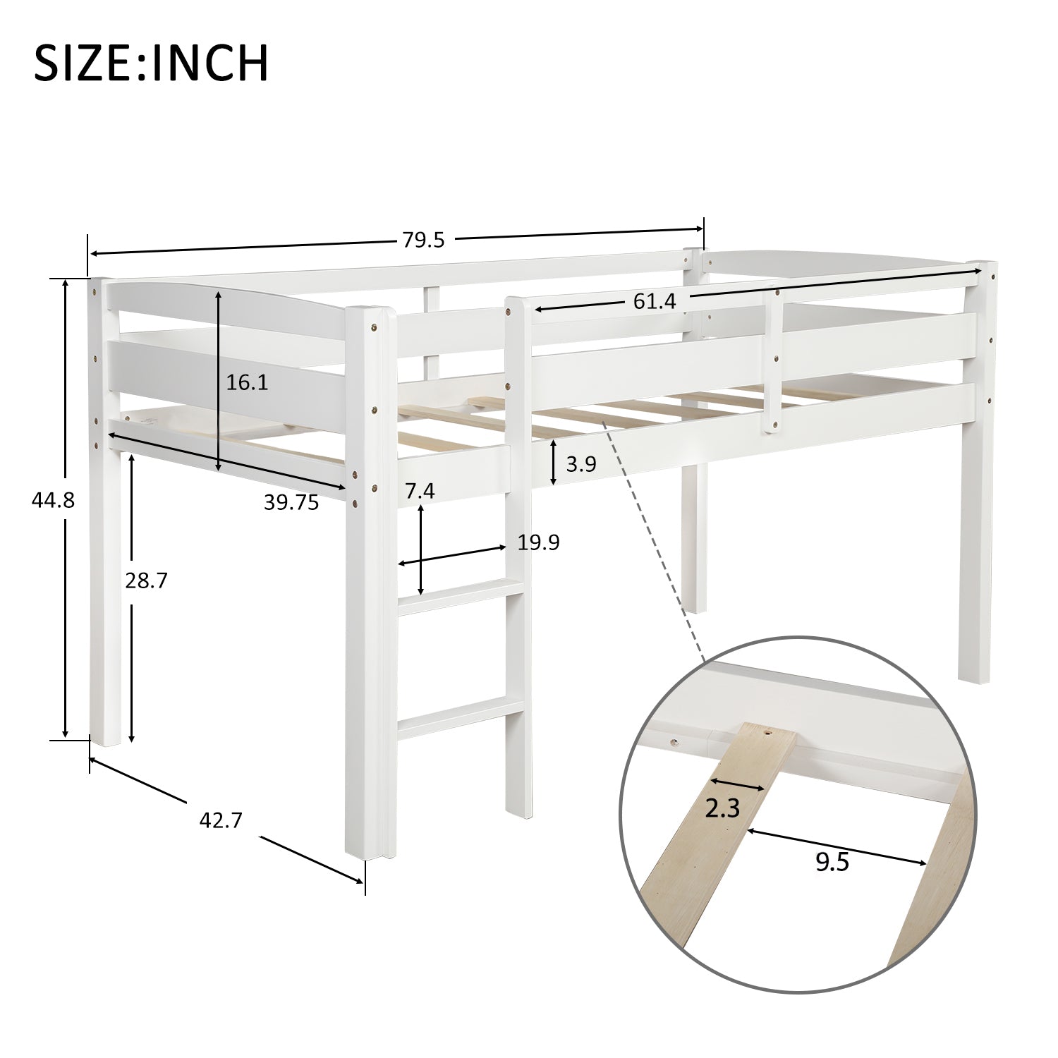 Twin Wood Loft Bed Low Loft Beds with Ladder,Twin,White