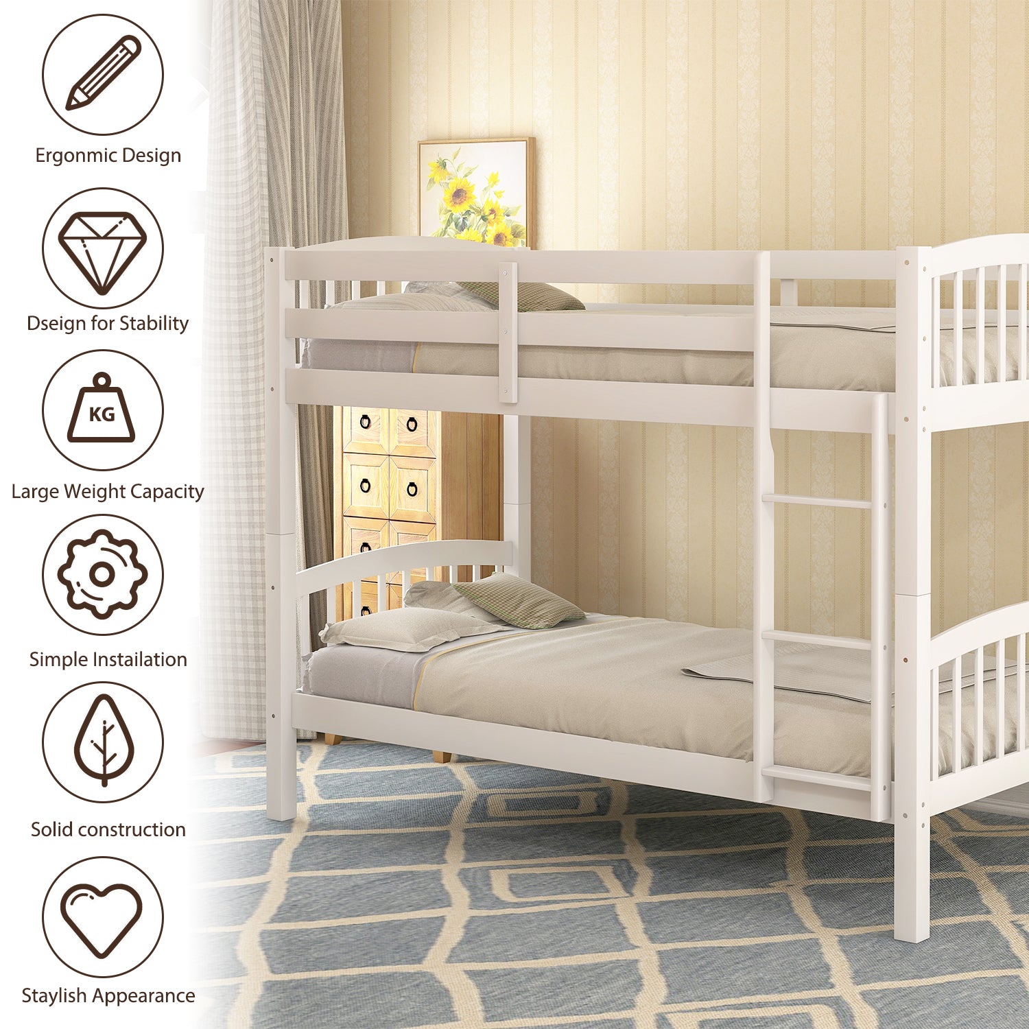 Twin Over Twin Bunk Bed with Ladder,White