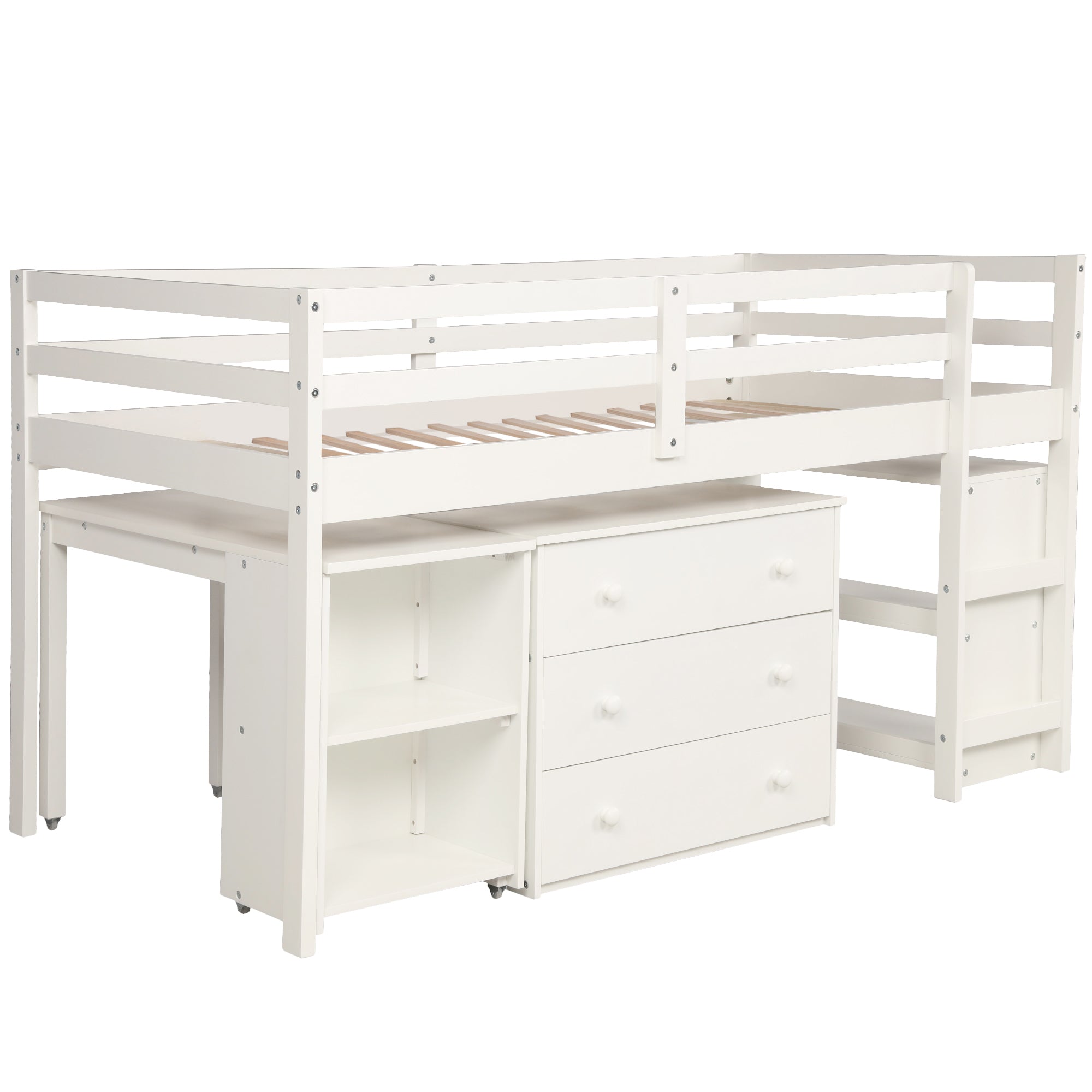 Low Study Twin Loft Bed with Cabinet and Rolling Portable Desk - White