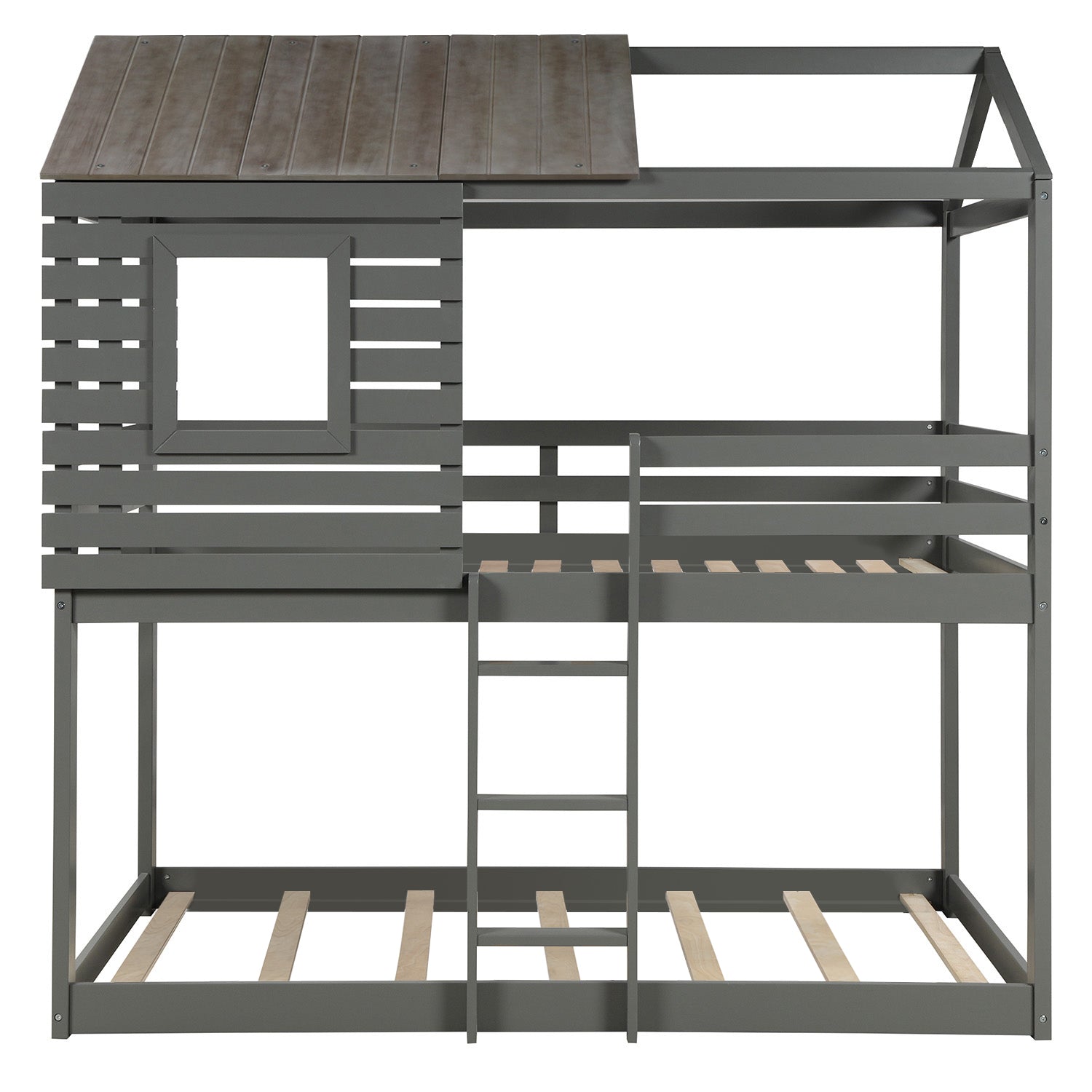 Twin Over Twin Bunk Bed Wood Loft Bed with Roof, Window, Guardrail, Ladder (Gray)