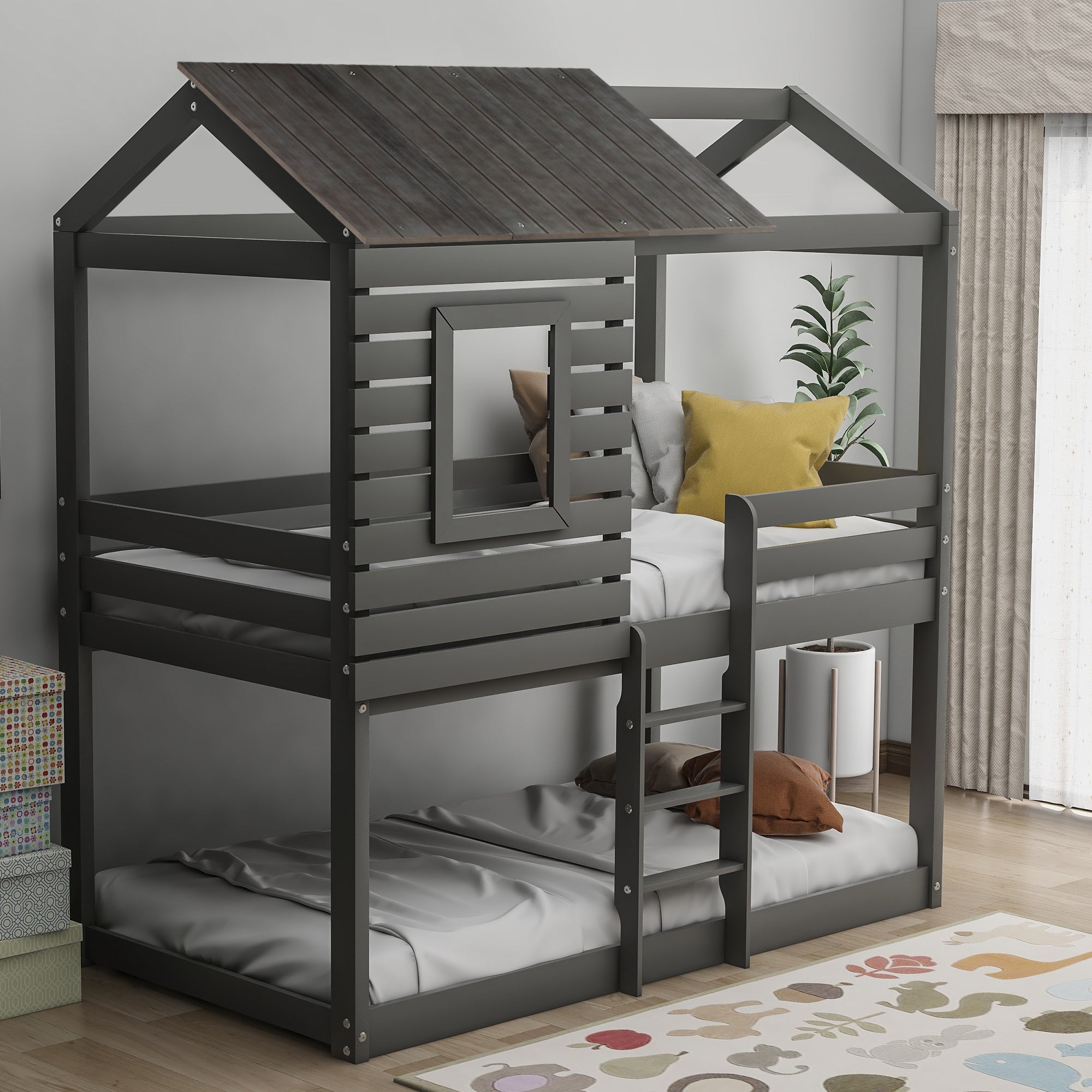 Twin Over Twin Bunk Bed Wood Loft Bed with Roof, Window, Guardrail, Ladder (Gray)