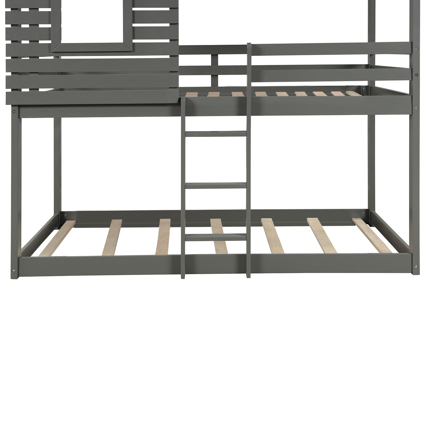 Twin Over Twin Bunk Bed Wood Loft Bed with Roof, Window, Guardrail, Ladder (Gray)