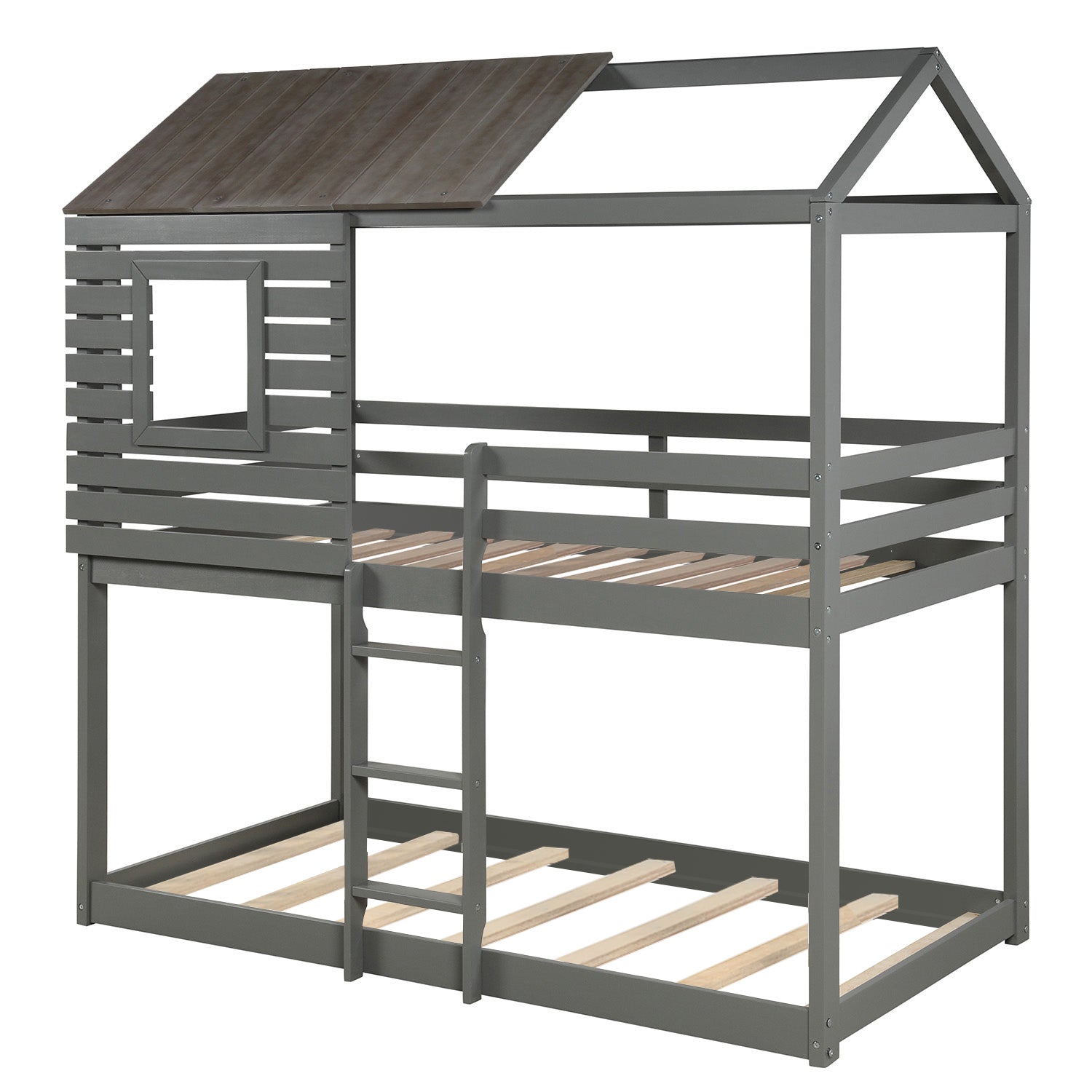 Twin Over Twin Bunk Bed Wood Loft Bed with Roof, Window, Guardrail, Ladder (Gray)