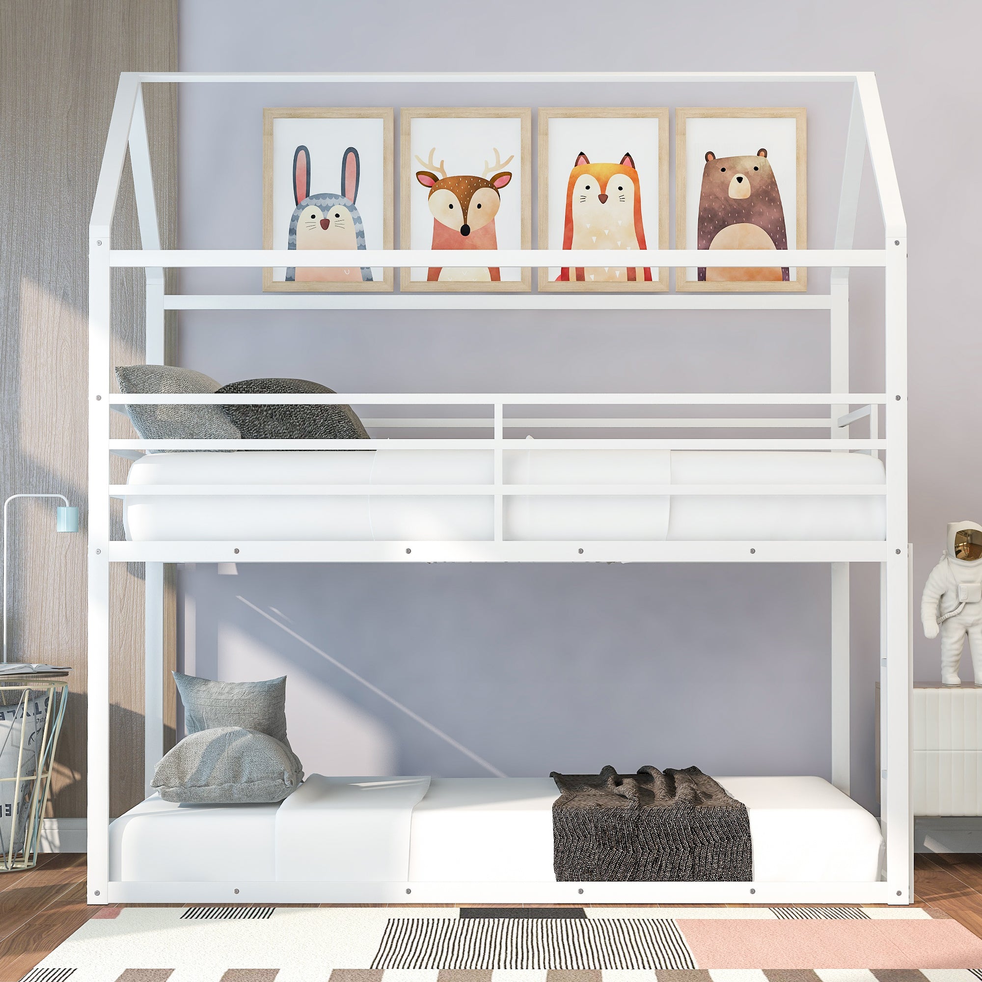 Bunk Beds for Kids Twin over Twin,House Bunk Bed Metal Bed Frame Built-in Ladder,No Box Spring Needed, White