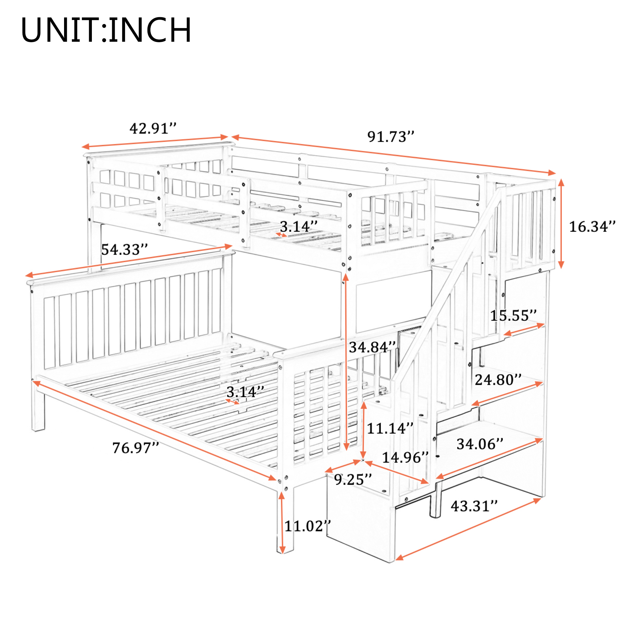 Stairway Twin-Over-Full Bunk Bed with Storage and Guard Rail for Bedroom, White color