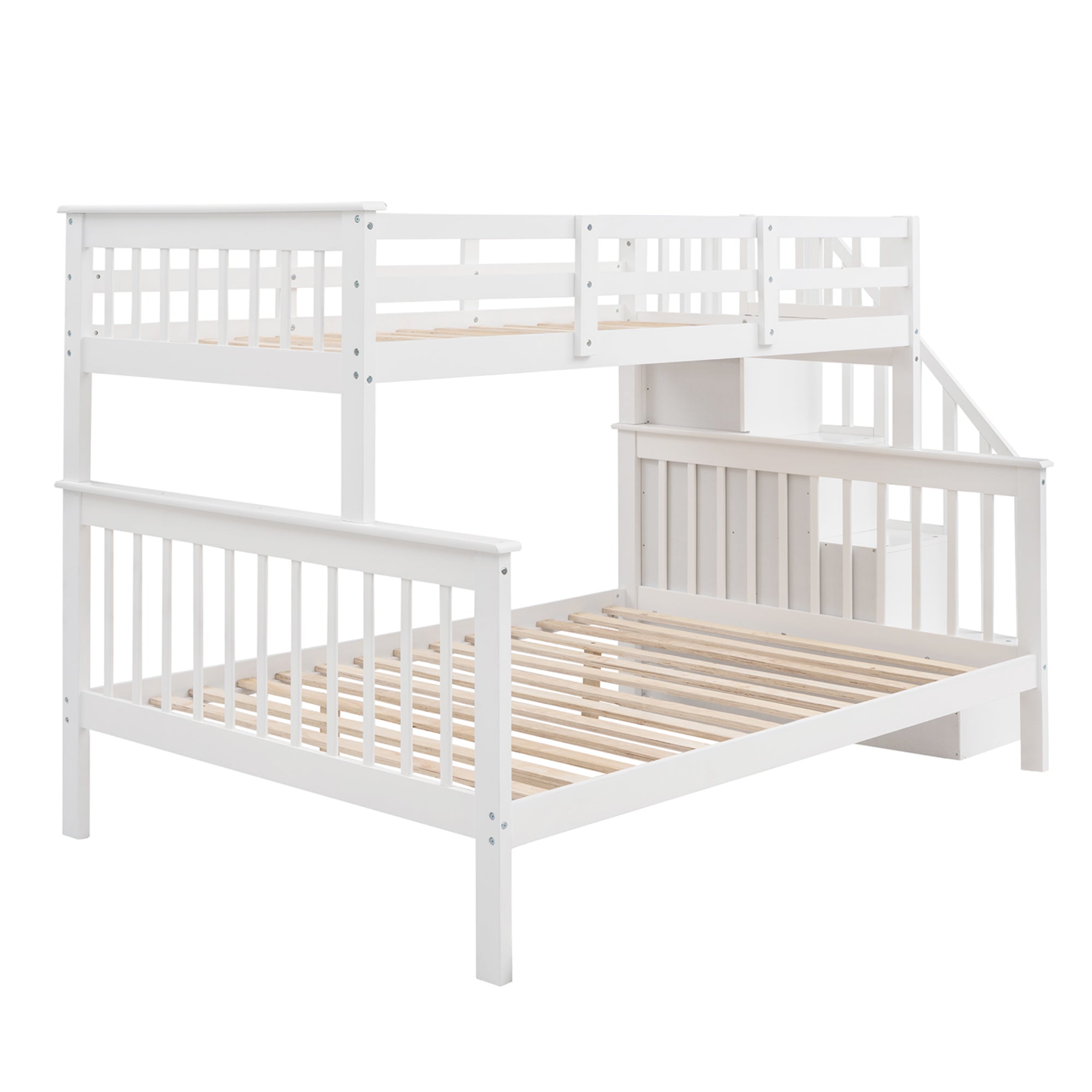 Stairway Twin-Over-Full Bunk Bed with Storage and Guard Rail for Bedroom, White color