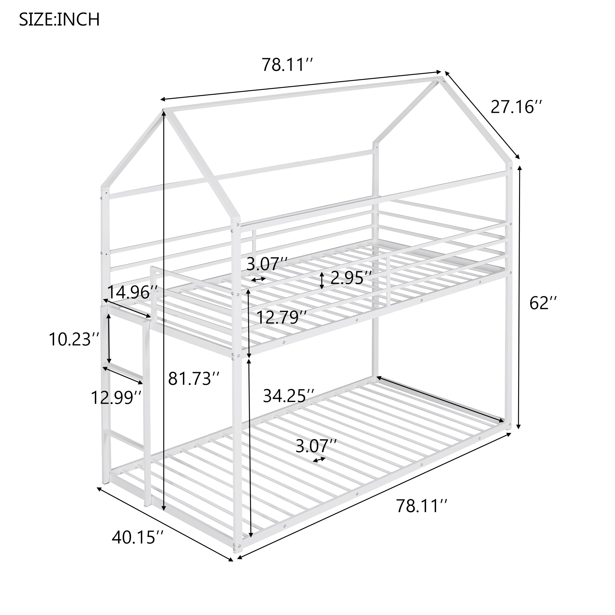 Bunk Beds for Kids Twin over Twin,House Bunk Bed Metal Bed Frame Built-in Ladder,No Box Spring Needed, White