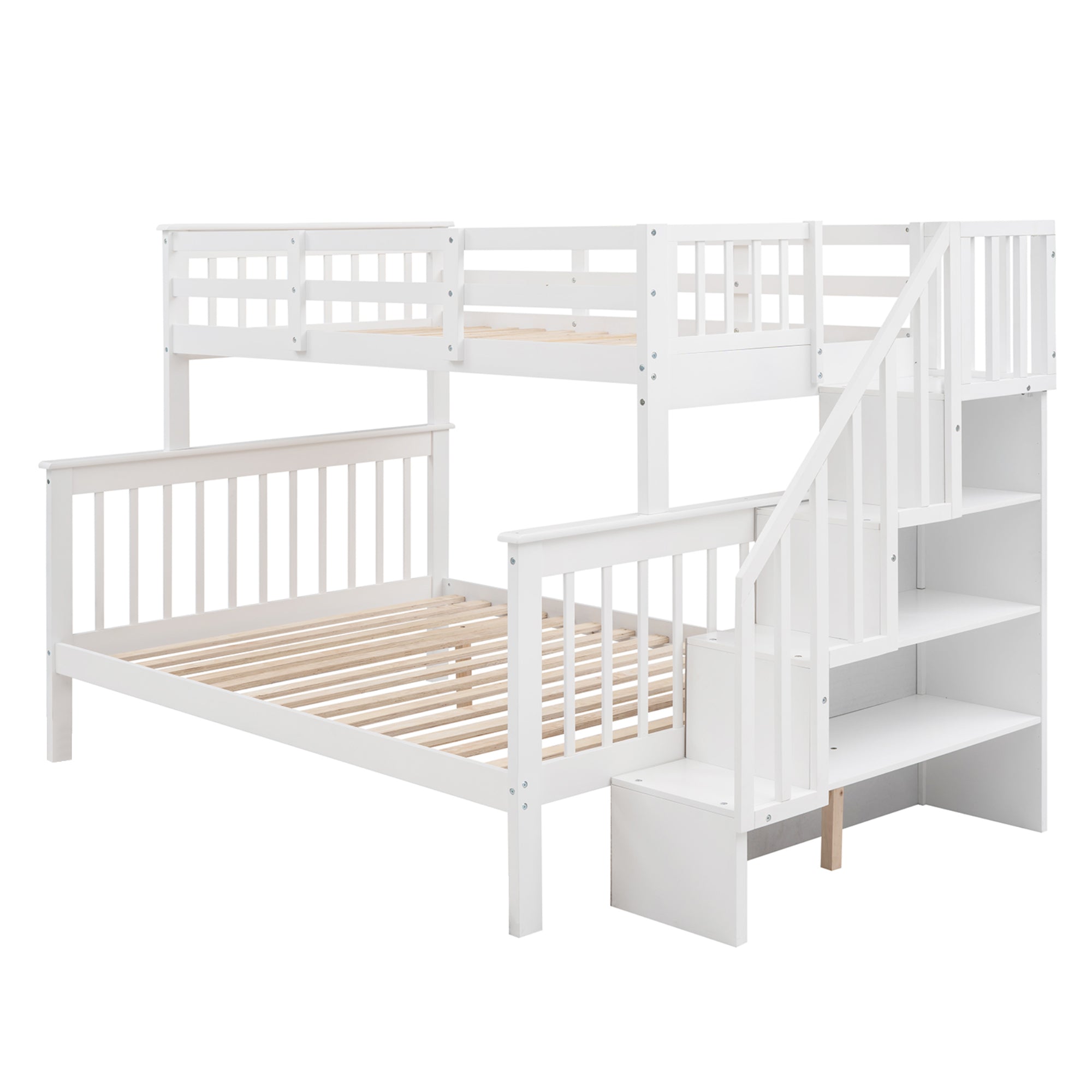 Stairway Twin-Over-Full Bunk Bed with Storage and Guard Rail for Bedroom, White color