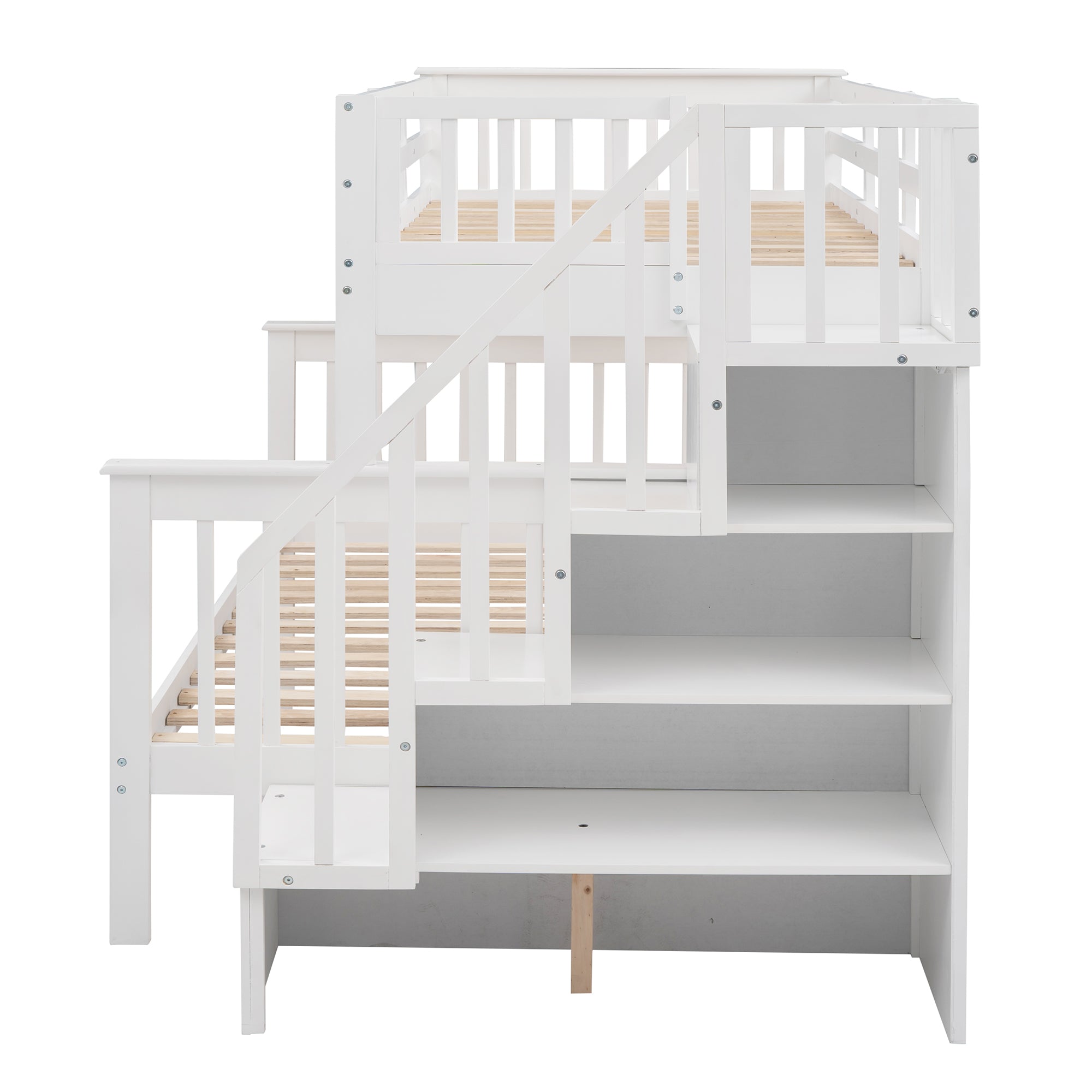 Stairway Twin-Over-Full Bunk Bed with Storage and Guard Rail for Bedroom, White color