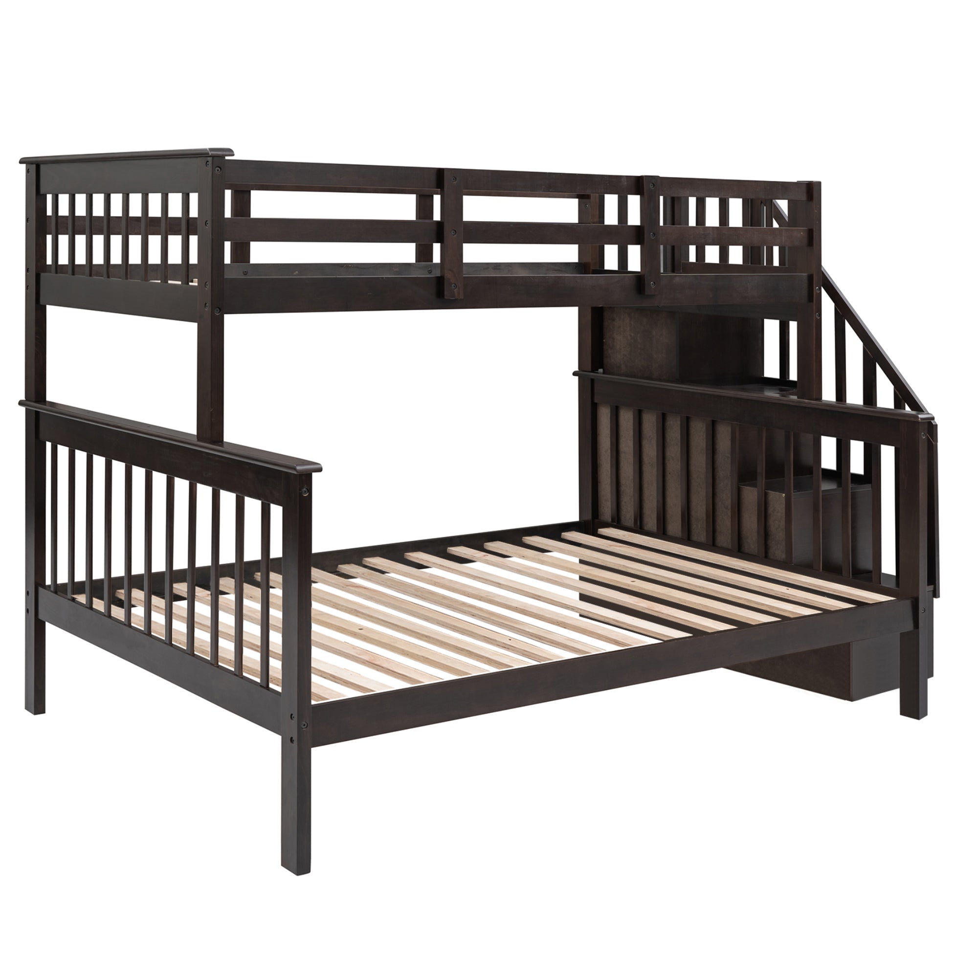 Stairway Twin-Over-Full Bunk Bed with Storage and Guard Rail for Bedroom, Espresso color