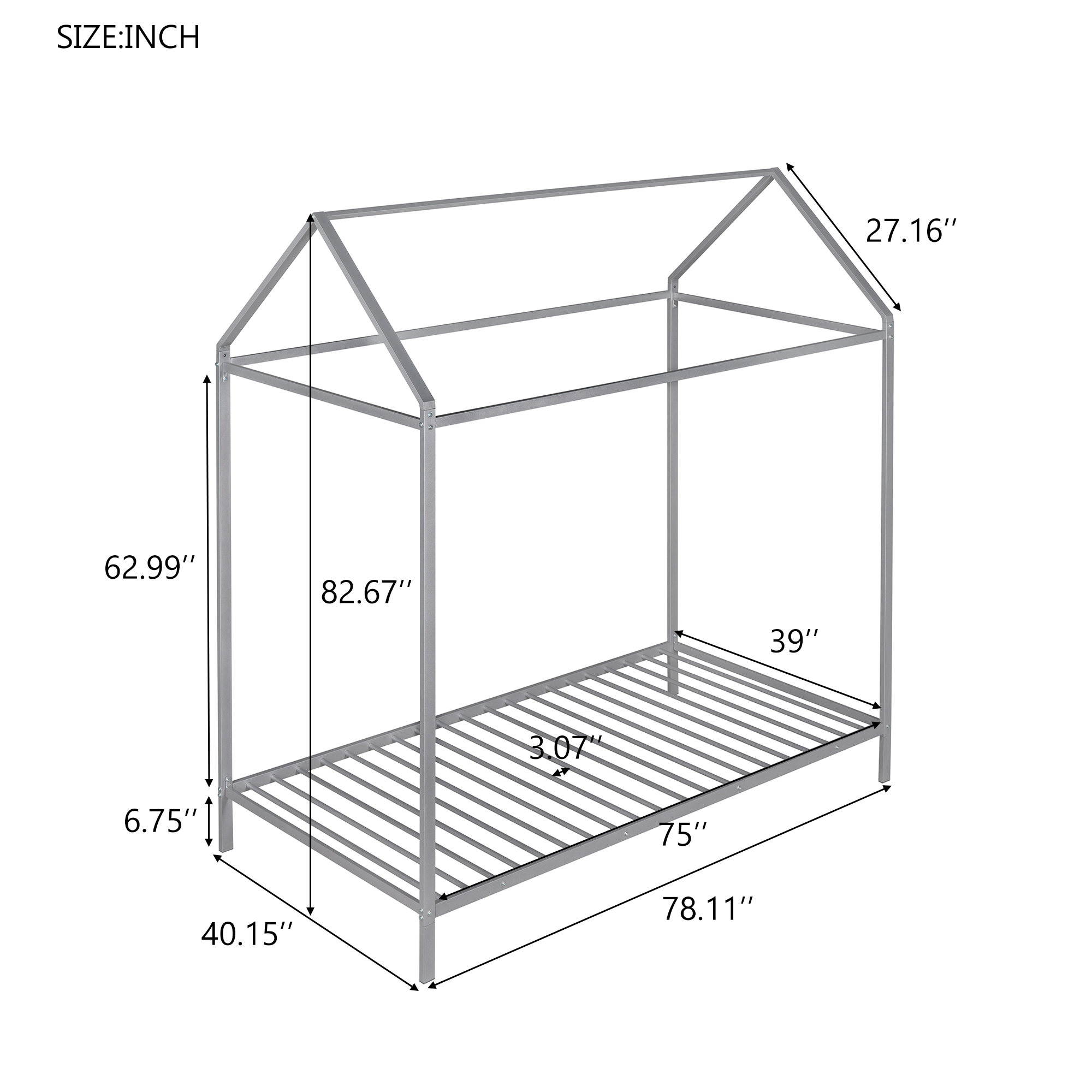 House Bed Frame Twin Size , Kids Bed Frame Metal  Platform Bed  Floor Bed for Kids Boys Girls No Box Spring Needed Silver