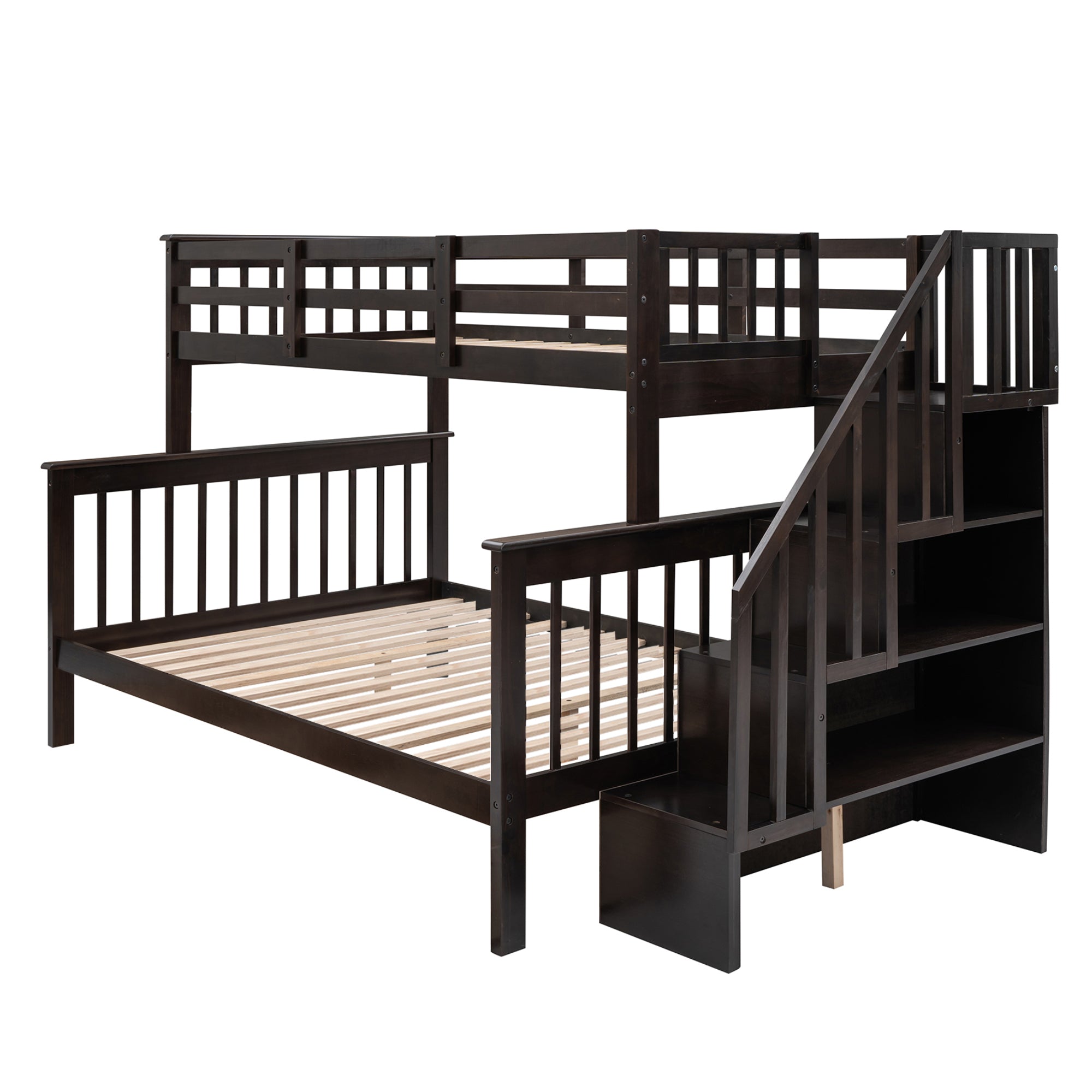 Stairway Twin-Over-Full Bunk Bed with Storage and Guard Rail for Bedroom, Espresso color