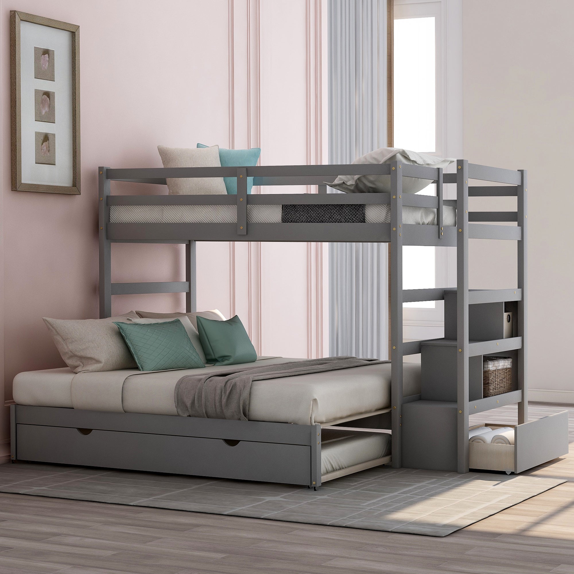 Twin over Twin/King (Irregular King Size) Bunk Bed with Twin Size Trundle, Extendable Bunk Bed   (Gray)