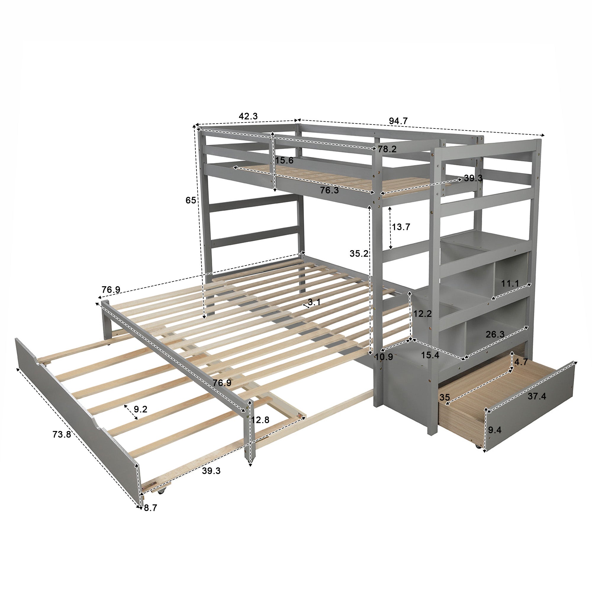 Twin over Twin/King (Irregular King Size) Bunk Bed with Twin Size Trundle, Extendable Bunk Bed   (Gray)