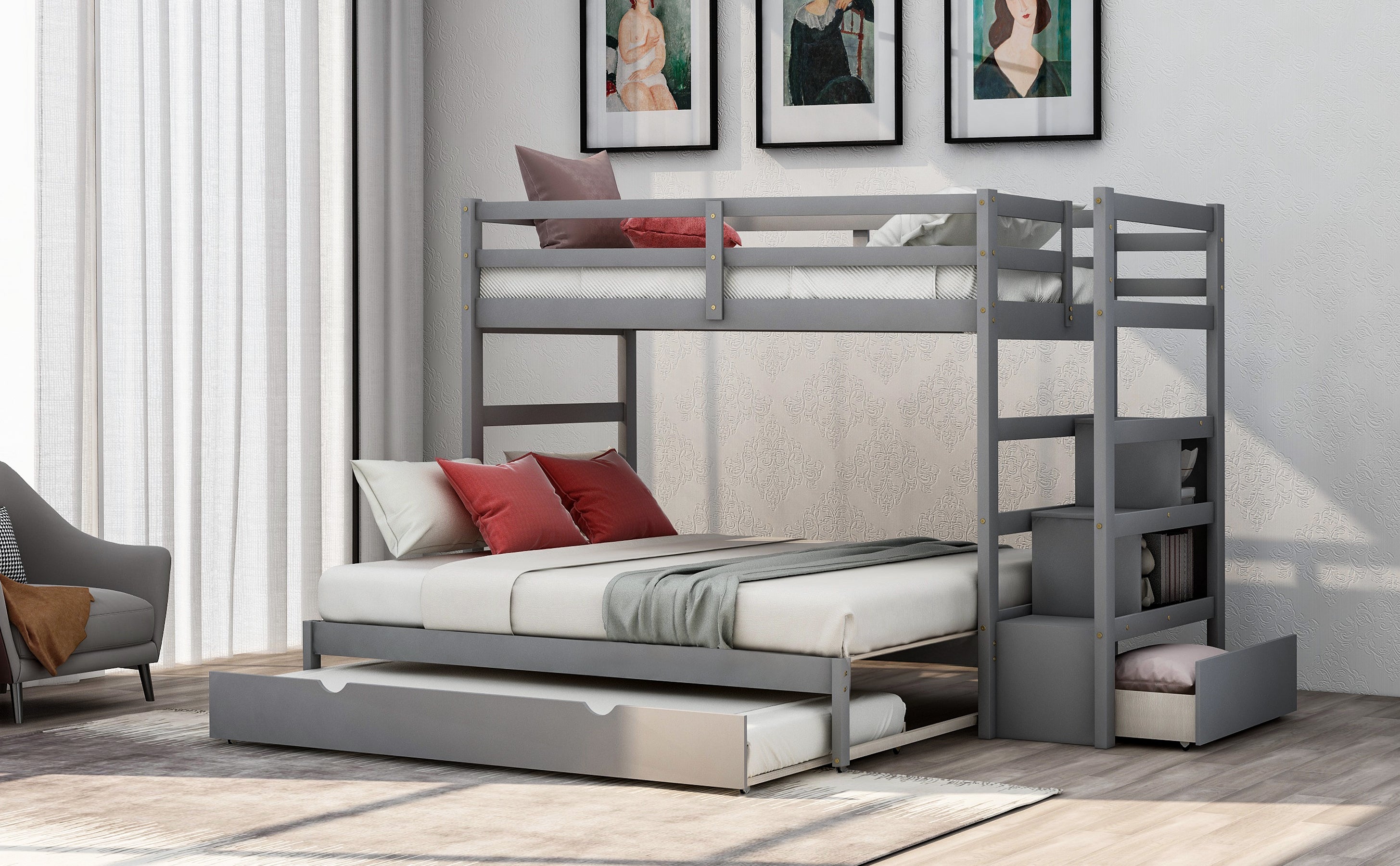 Twin over Twin/King (Irregular King Size) Bunk Bed with Twin Size Trundle, Extendable Bunk Bed   (Gray)