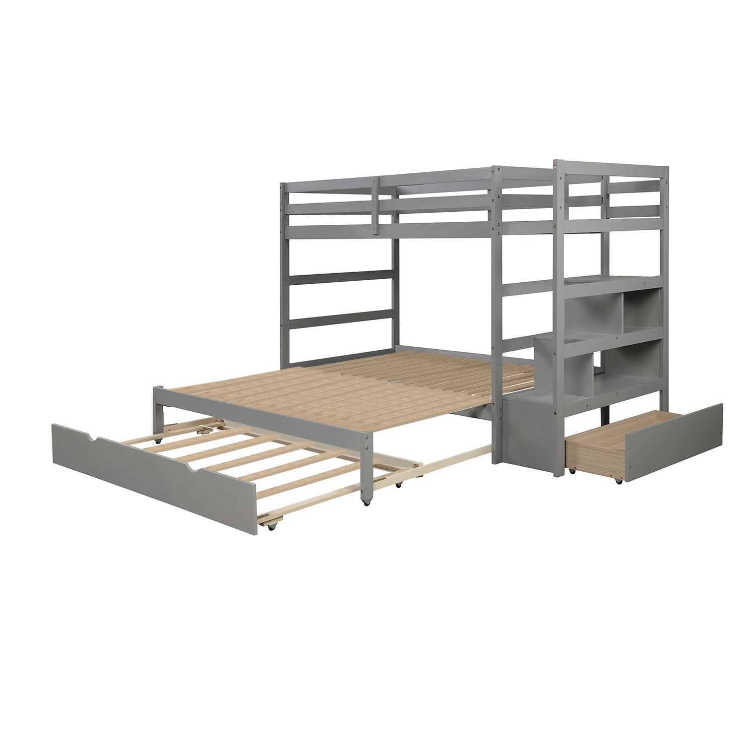 Twin over Twin/King (Irregular King Size) Bunk Bed with Twin Size Trundle, Extendable Bunk Bed   (Gray)