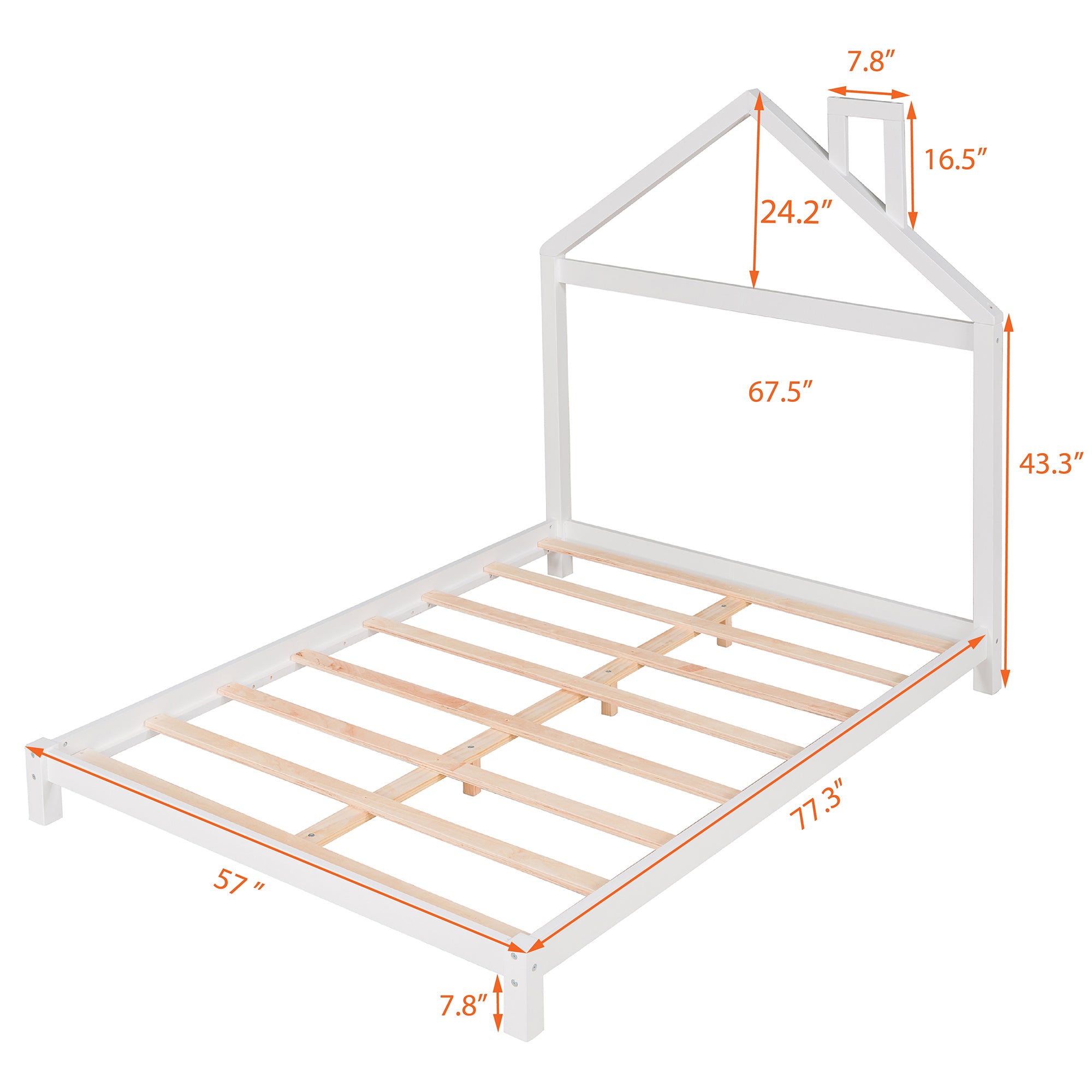 Full Size Wood Platform Bed with House-shaped Headboard, White