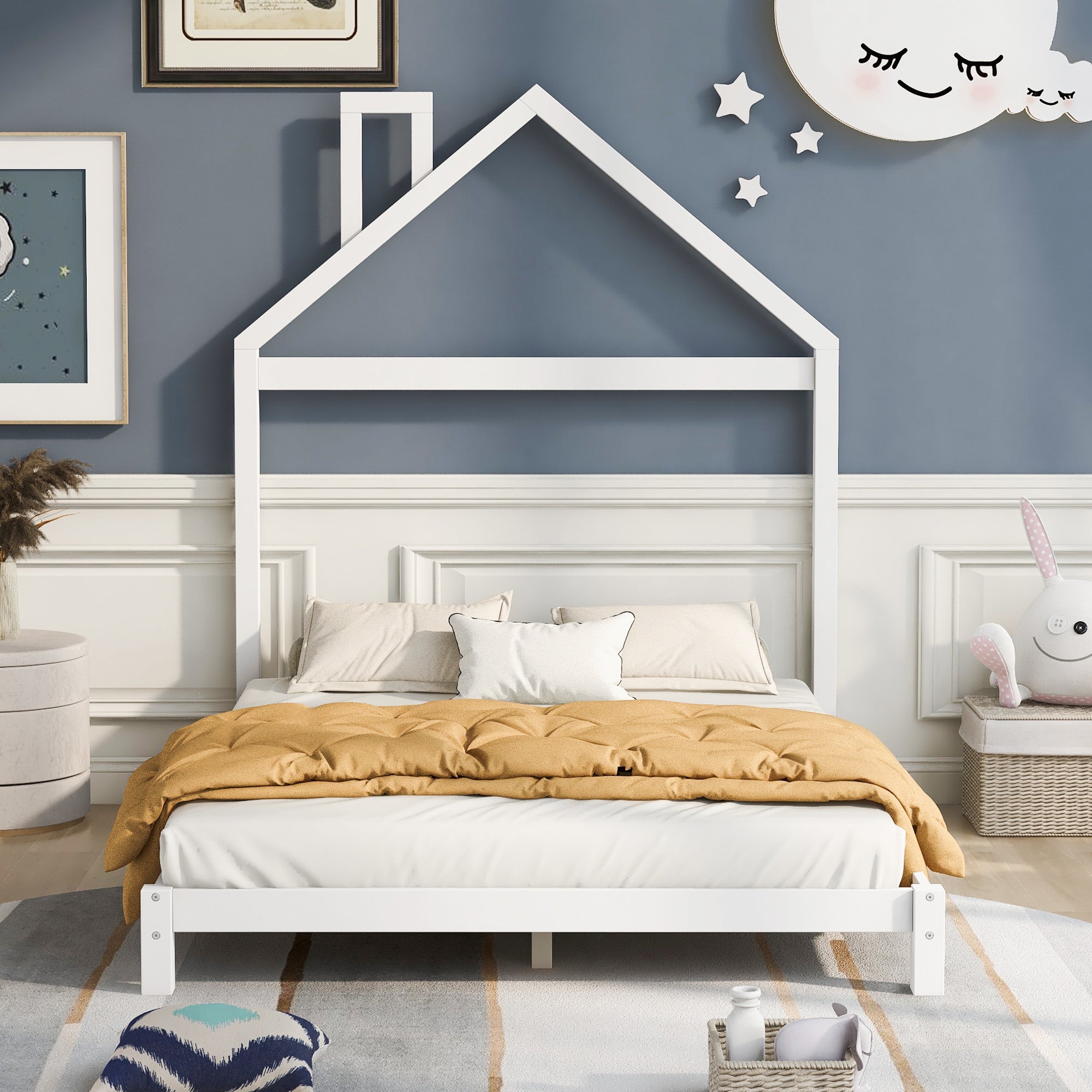 Full Size Wood Platform Bed with House-shaped Headboard, White