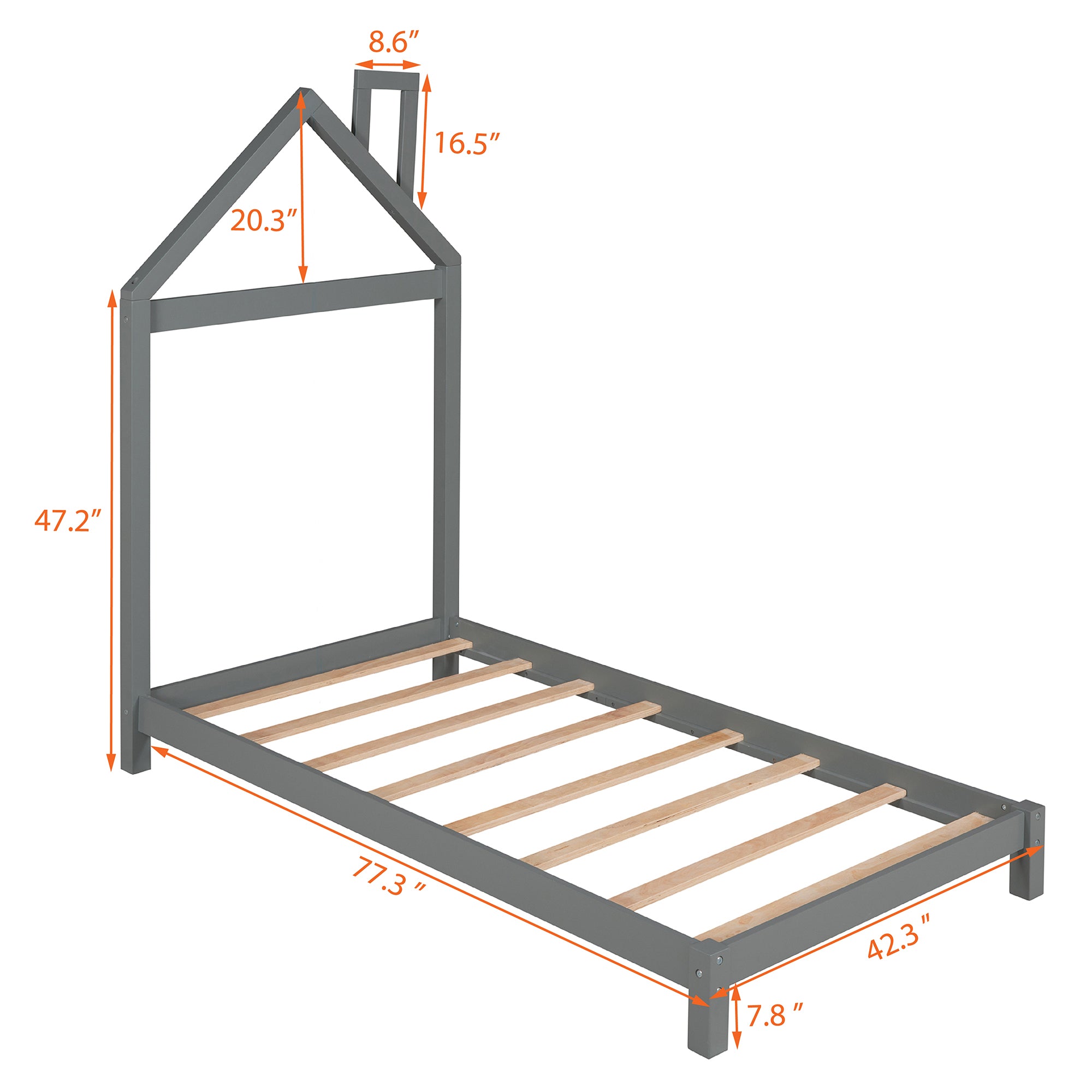 Twin Size Wood Platform Bed with House-shaped Headboard  (Gray)