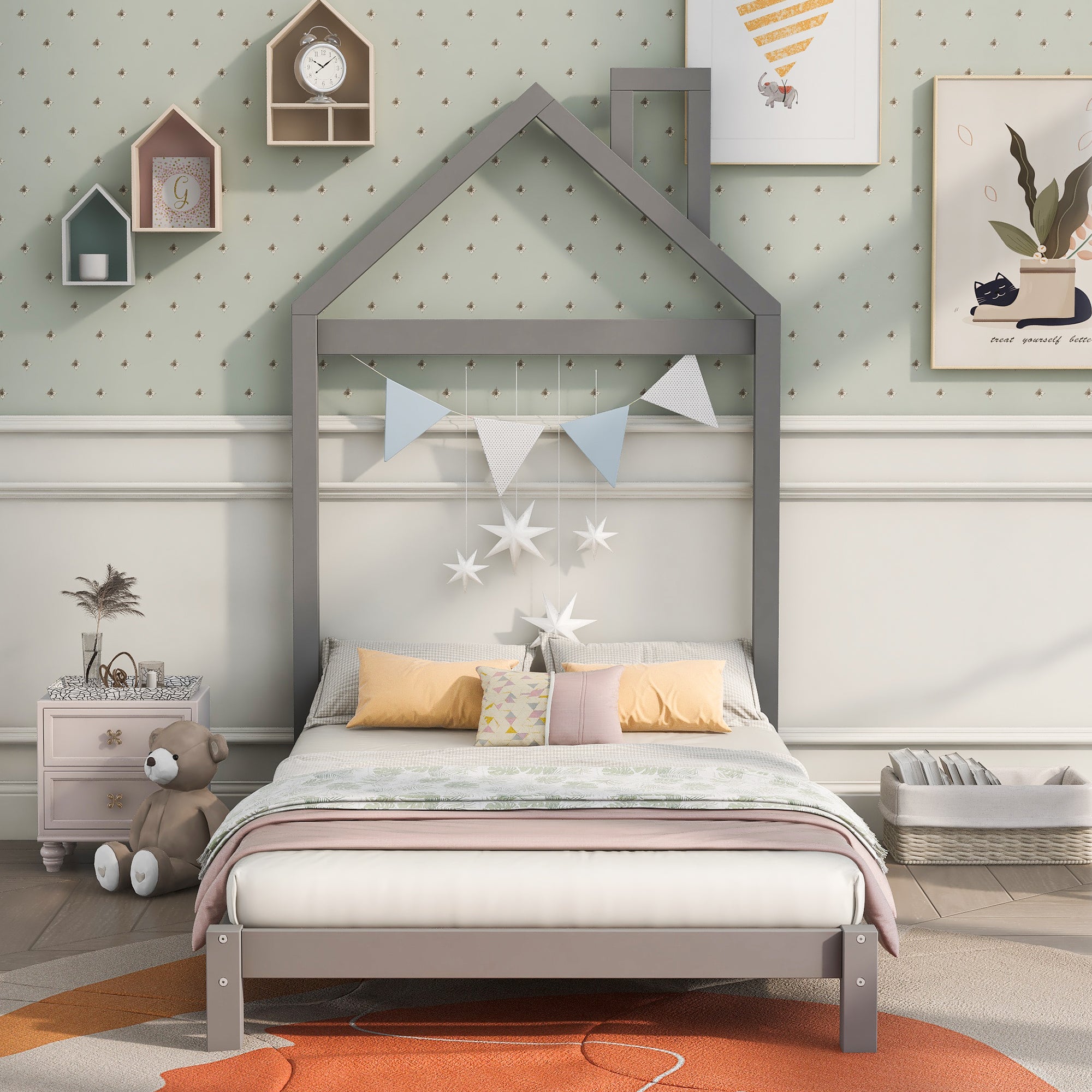 Twin Size Wood Platform Bed with House-shaped Headboard  (Gray)