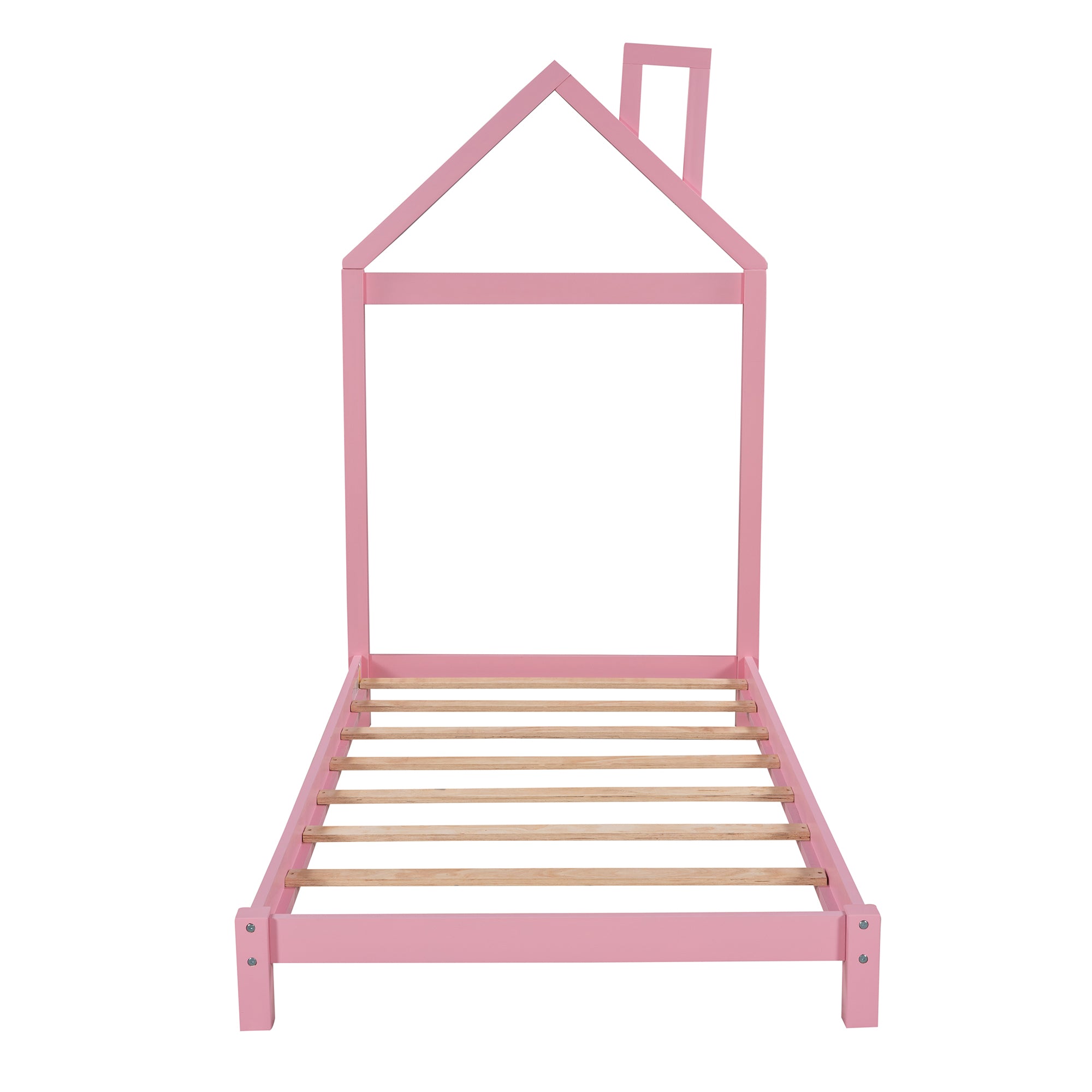 Twin Size Wood Platform Bed with House-shaped Headboard  (Pink)