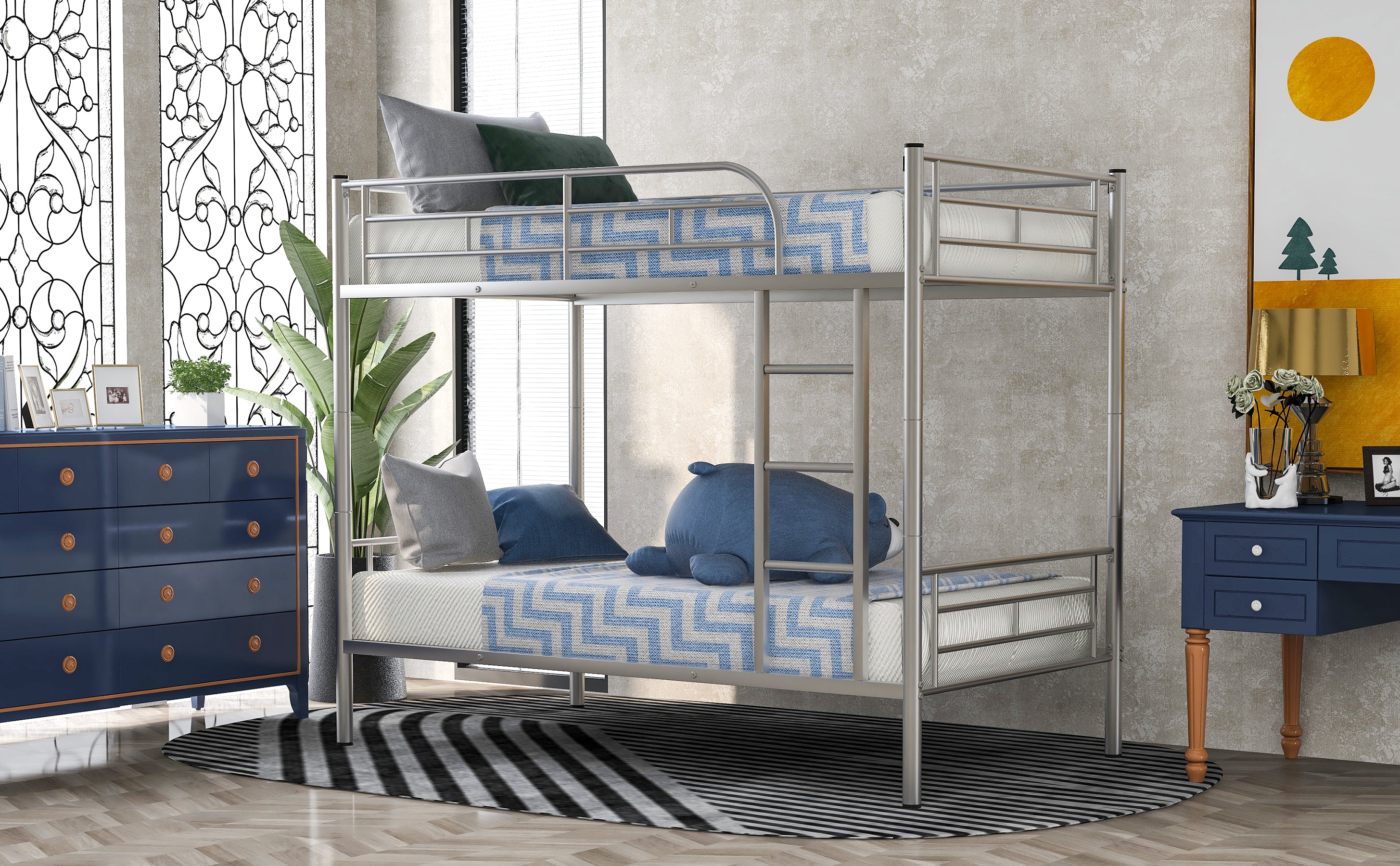 Twin Over Twin Metal Bunk Bed (Silver)