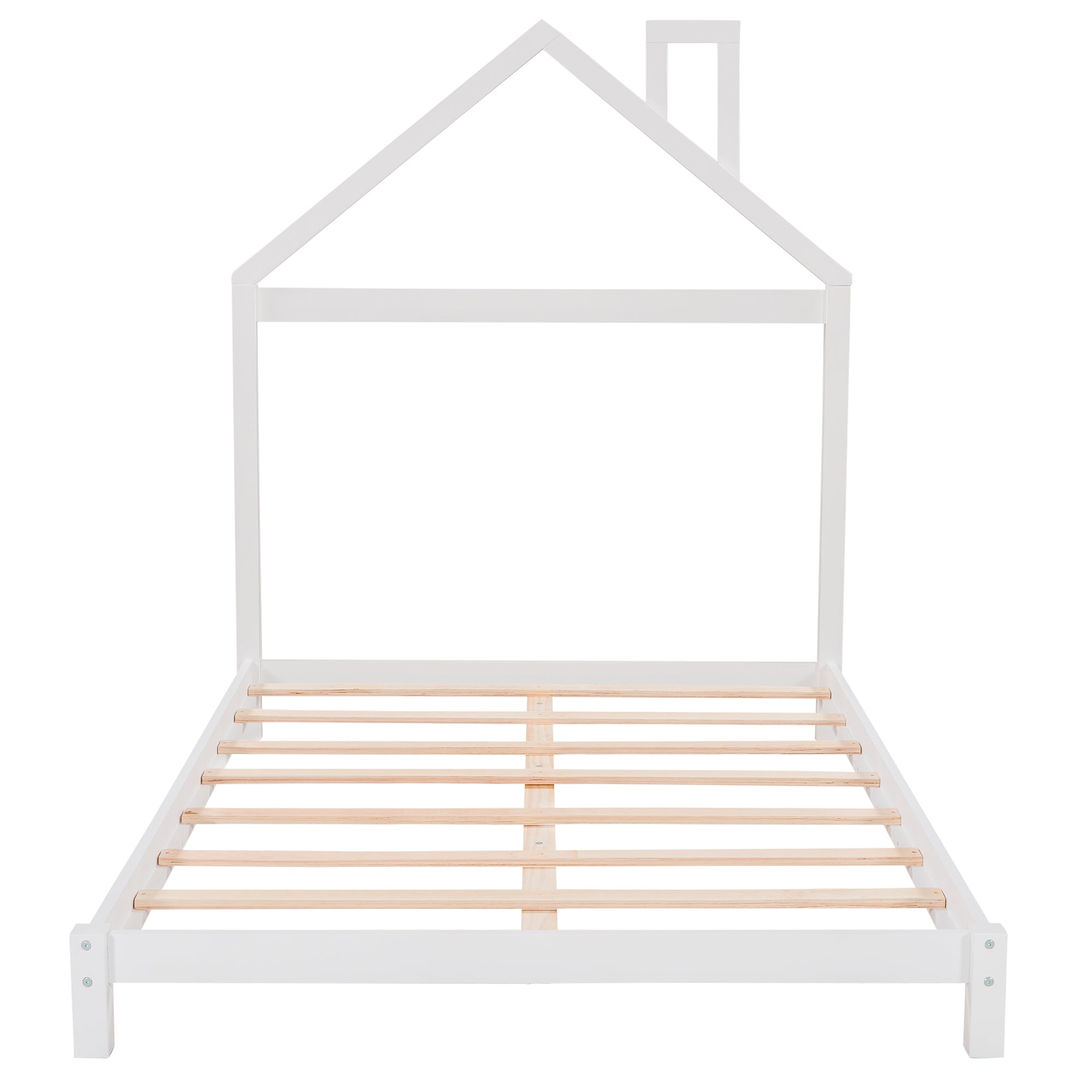 Full Size Wood Platform Bed with House-shaped Headboard, White