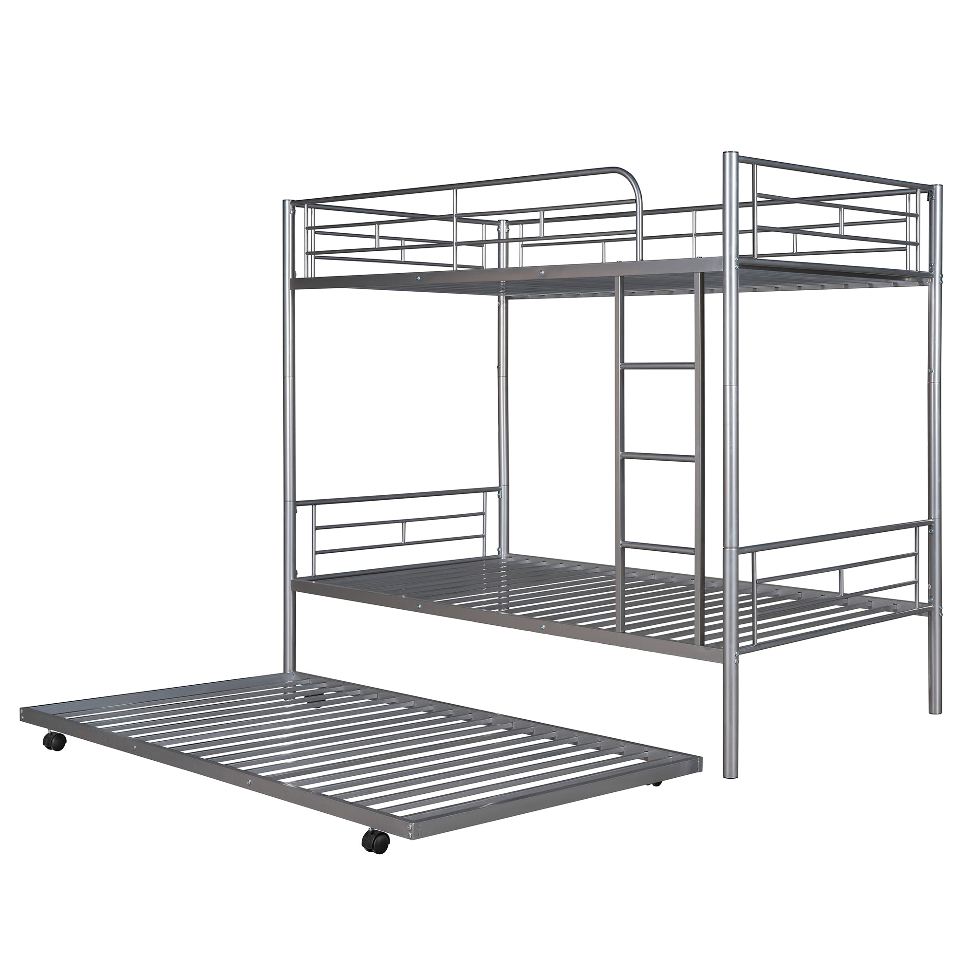 Twin-Over-Twin Metal Bunk Bed With Trundle,Can be Divided into two beds,No Box Spring needed ,White