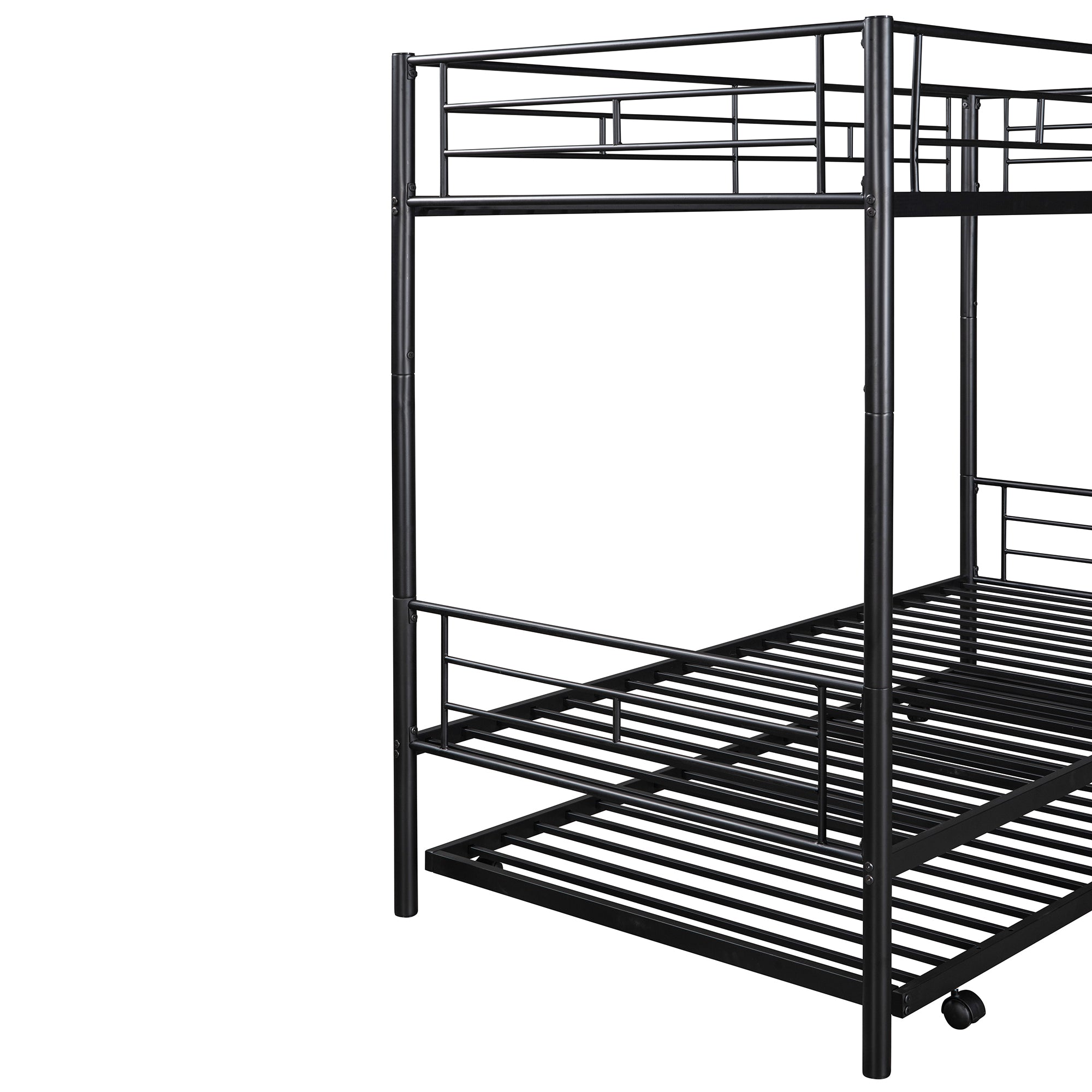 Twin-Over-Twin Metal Bunk Bed With Trundle,Can be Divided into two beds,No Box Spring needed ,Black