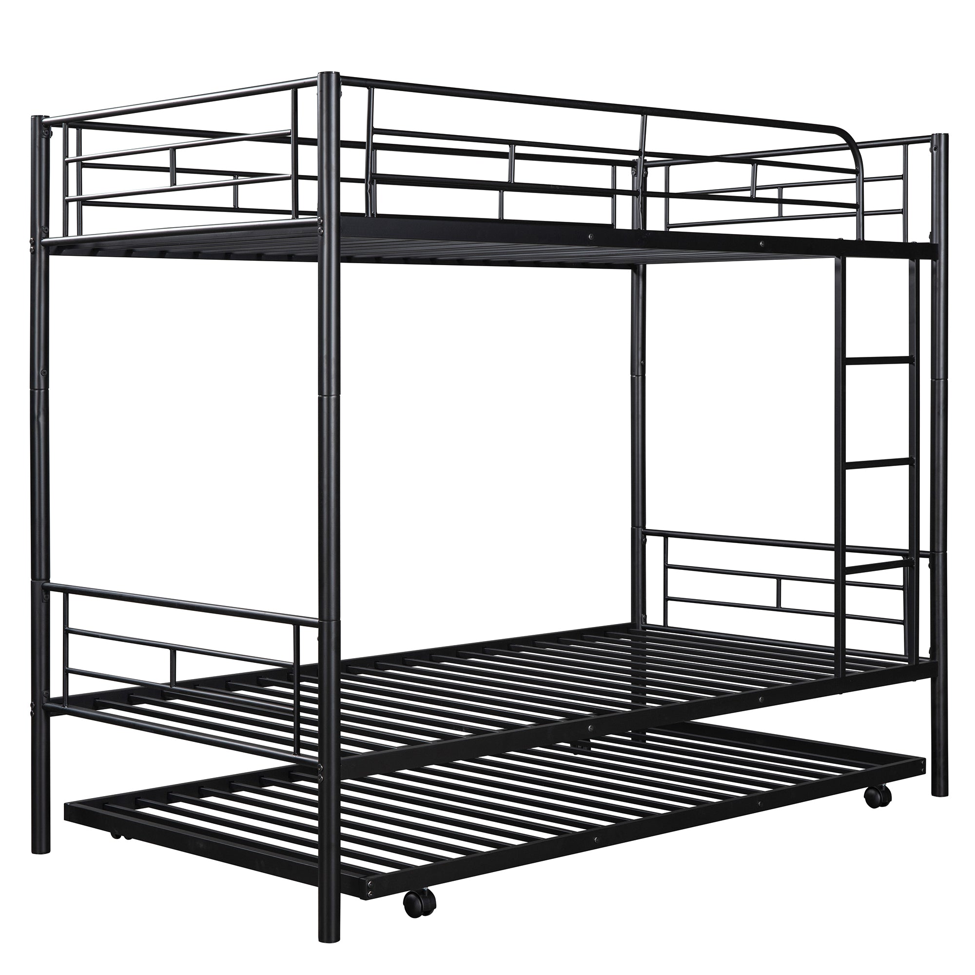 Twin-Over-Twin Metal Bunk Bed With Trundle,Can be Divided into two beds,No Box Spring needed ,Black