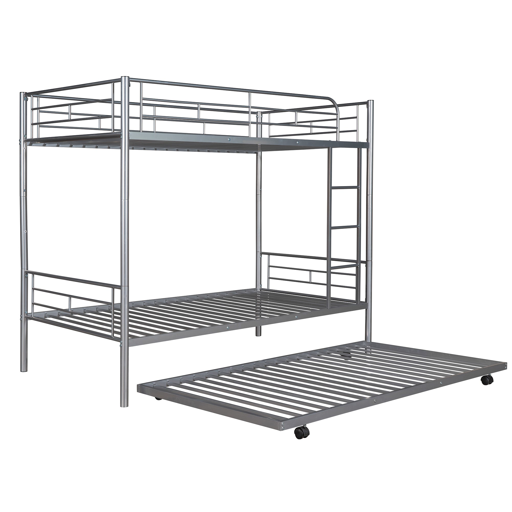 Twin-Over-Twin Metal Bunk Bed With Trundle,Can be Divided into two beds,No Box Spring needed ,White