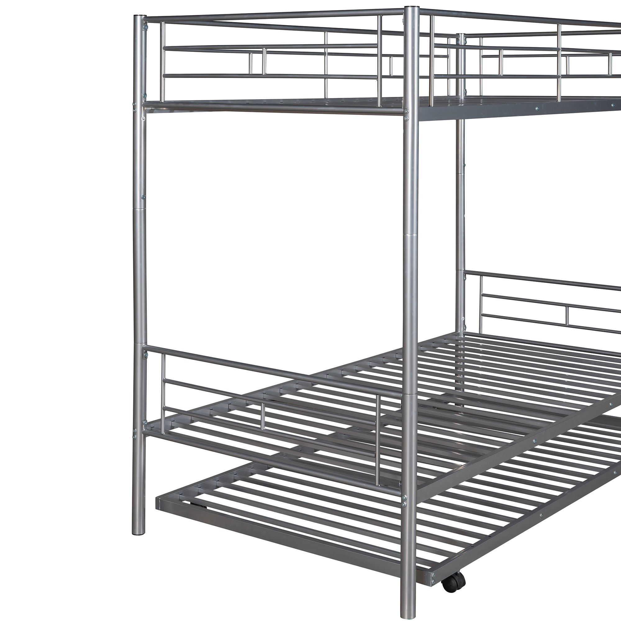 Twin-Over-Twin Metal Bunk Bed With Trundle,Can be Divided into two beds,No Box Spring needed ,White