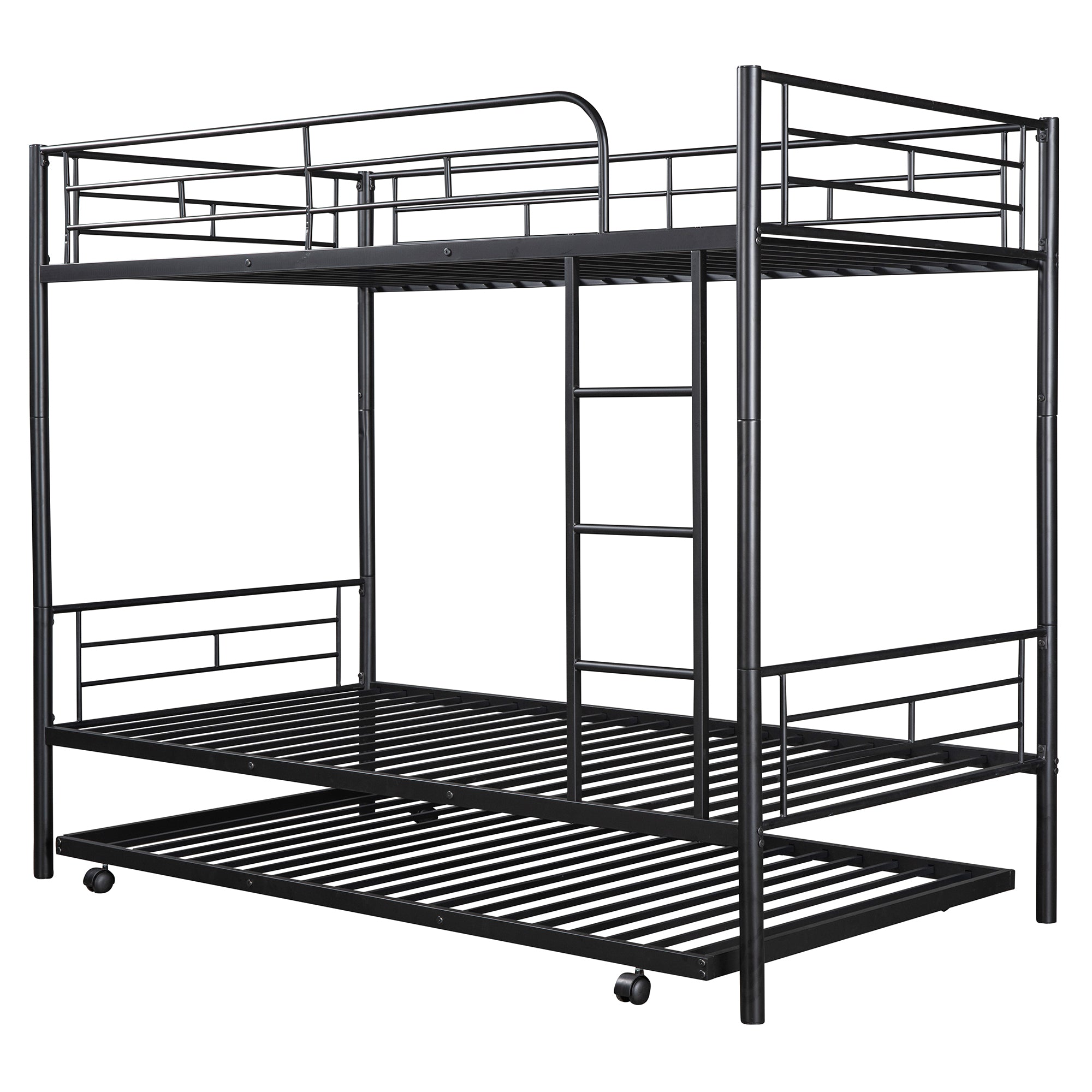 Twin-Over-Twin Metal Bunk Bed With Trundle,Can be Divided into two beds,No Box Spring needed ,Black