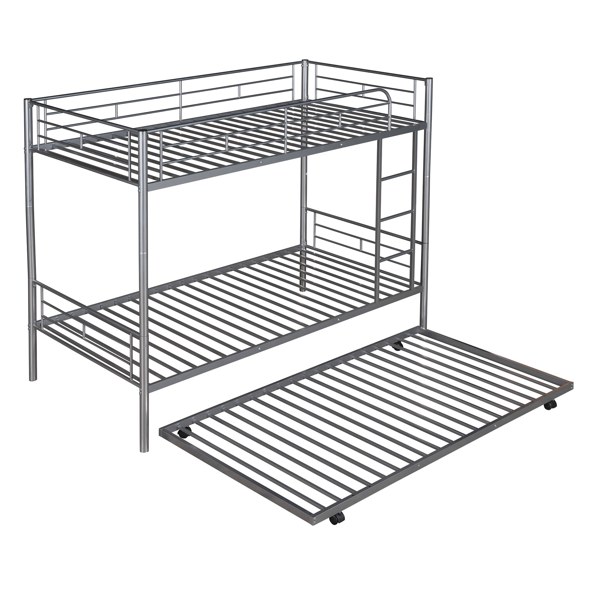 Twin-Over-Twin Metal Bunk Bed With Trundle,Can be Divided into two beds,No Box Spring needed ,White