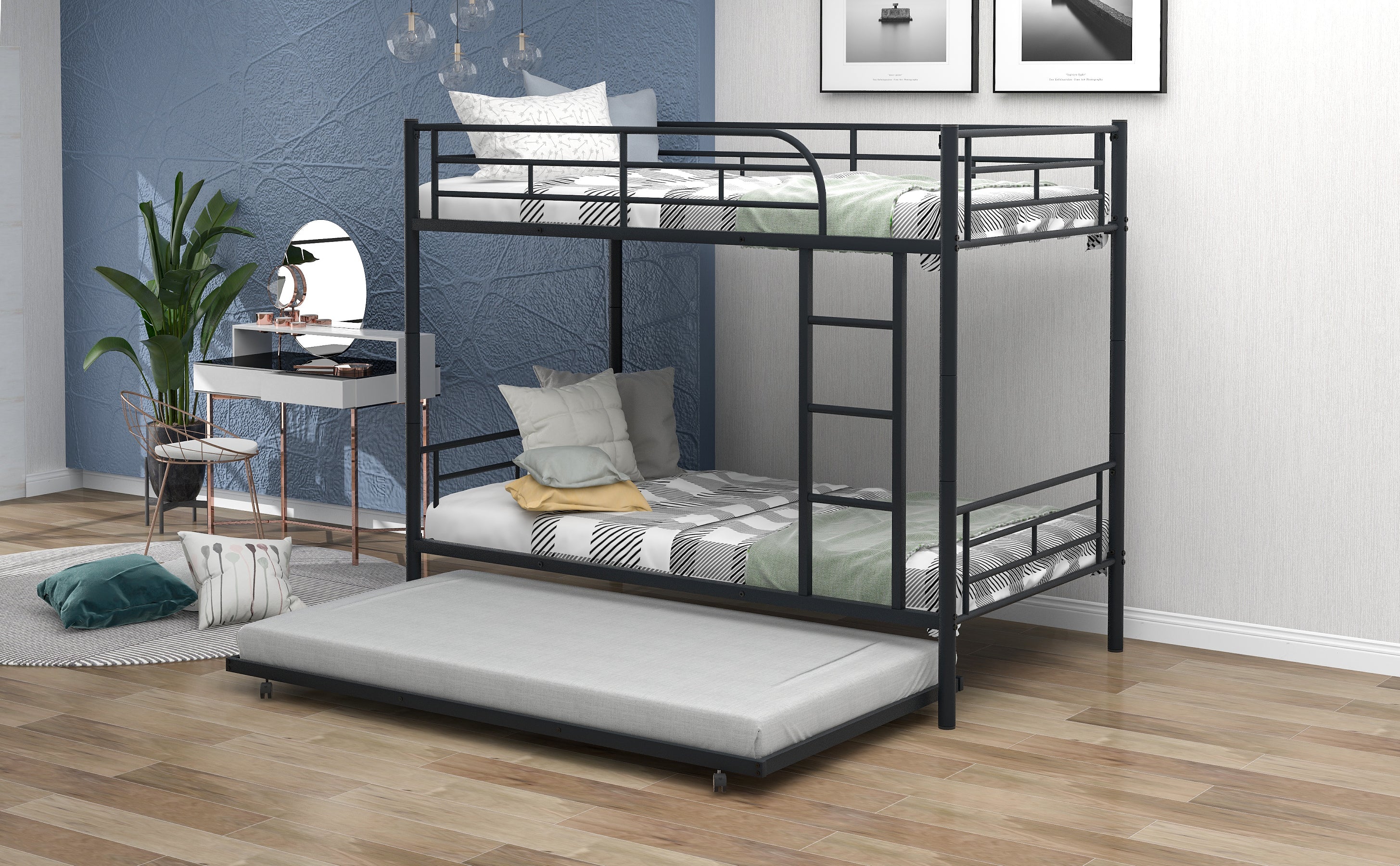 Twin-Over-Twin Metal Bunk Bed With Trundle,Can be Divided into two beds,No Box Spring needed ,Black