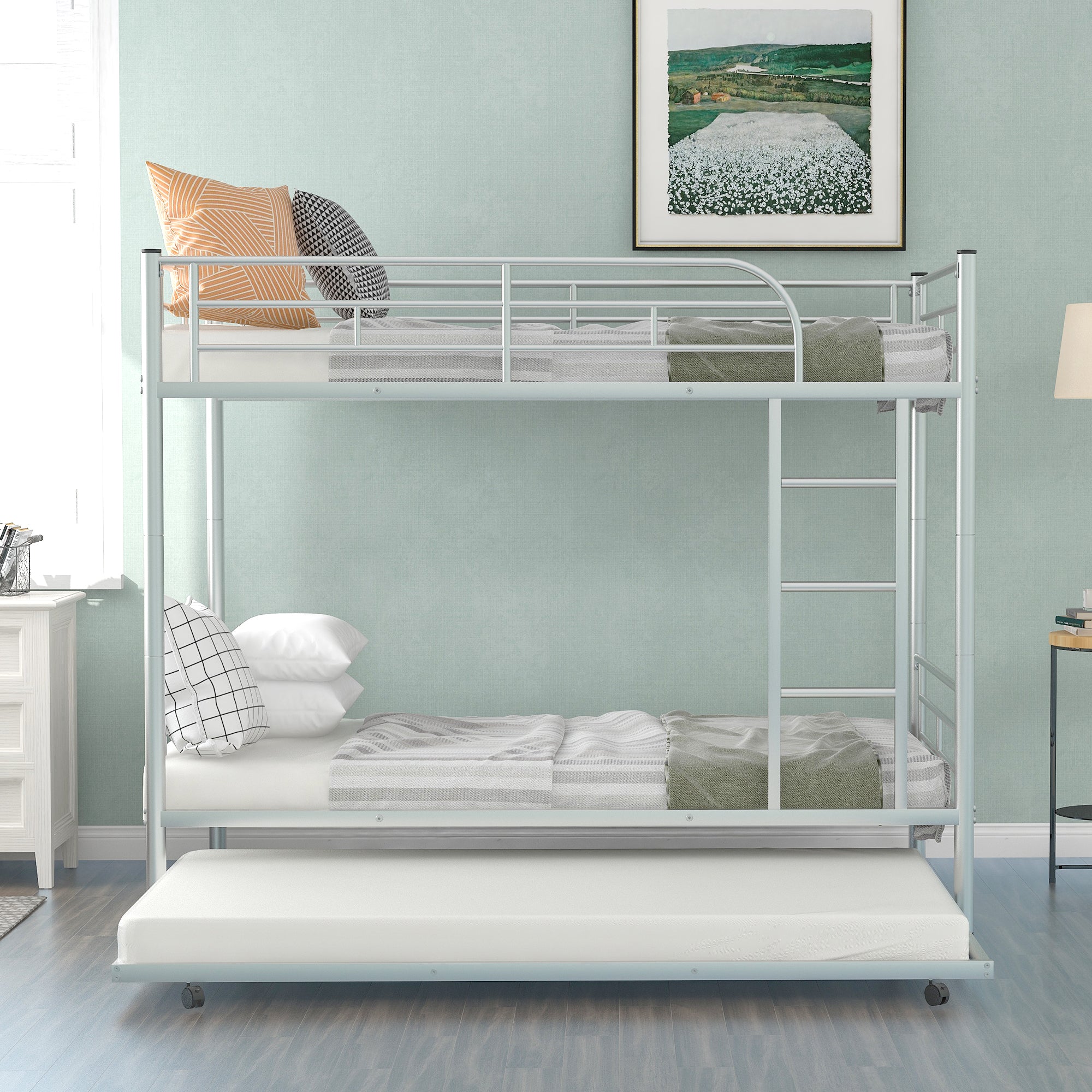 Twin-Over-Twin Metal Bunk Bed With Trundle,Can be Divided into two beds,No Box Spring needed ,White